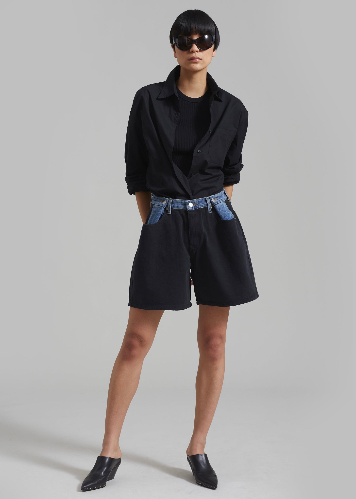 Hayla Contrast Denim Shorts - Black/Blue