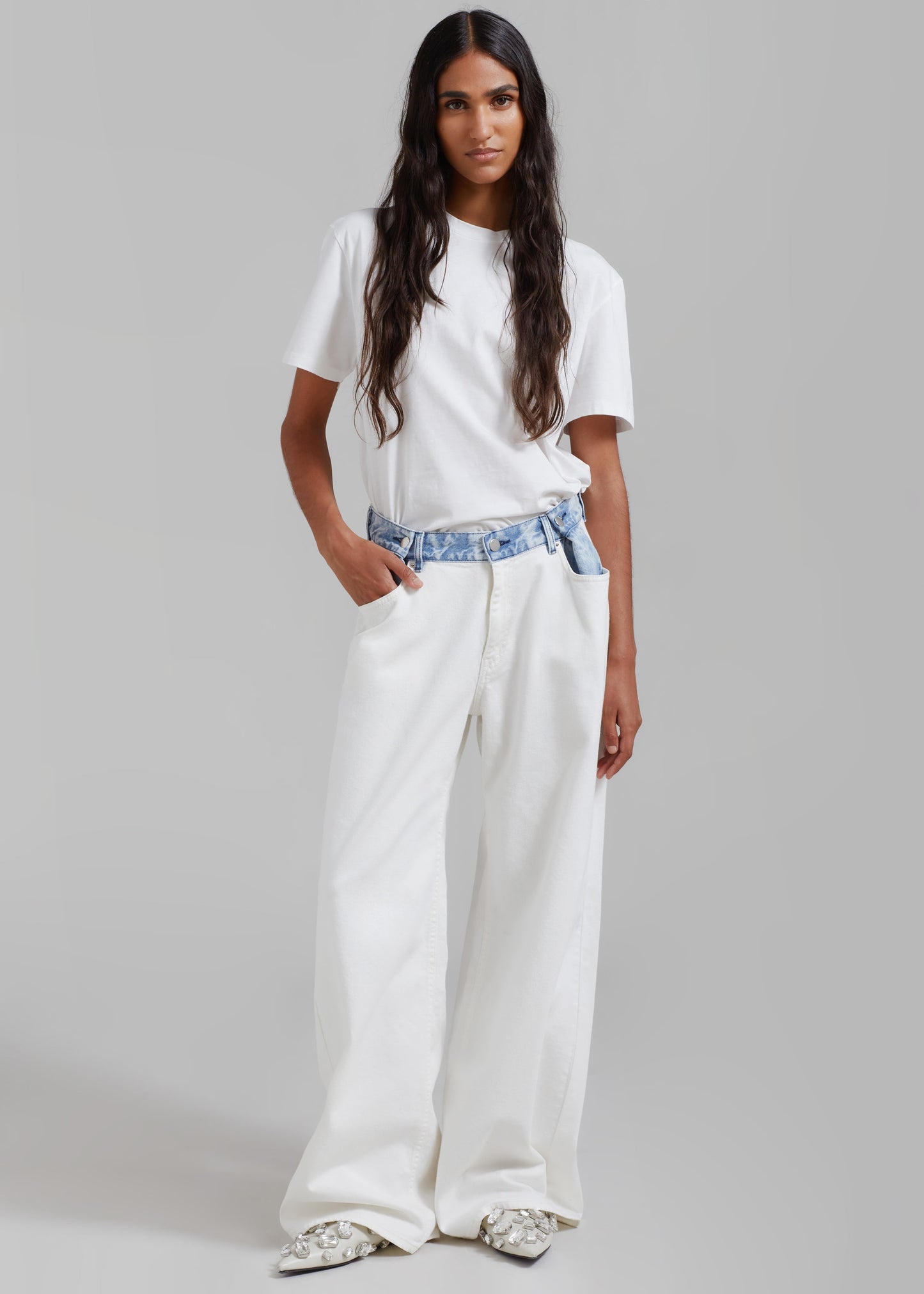 Hayla Contrast Denim Pants - Off White/Blue