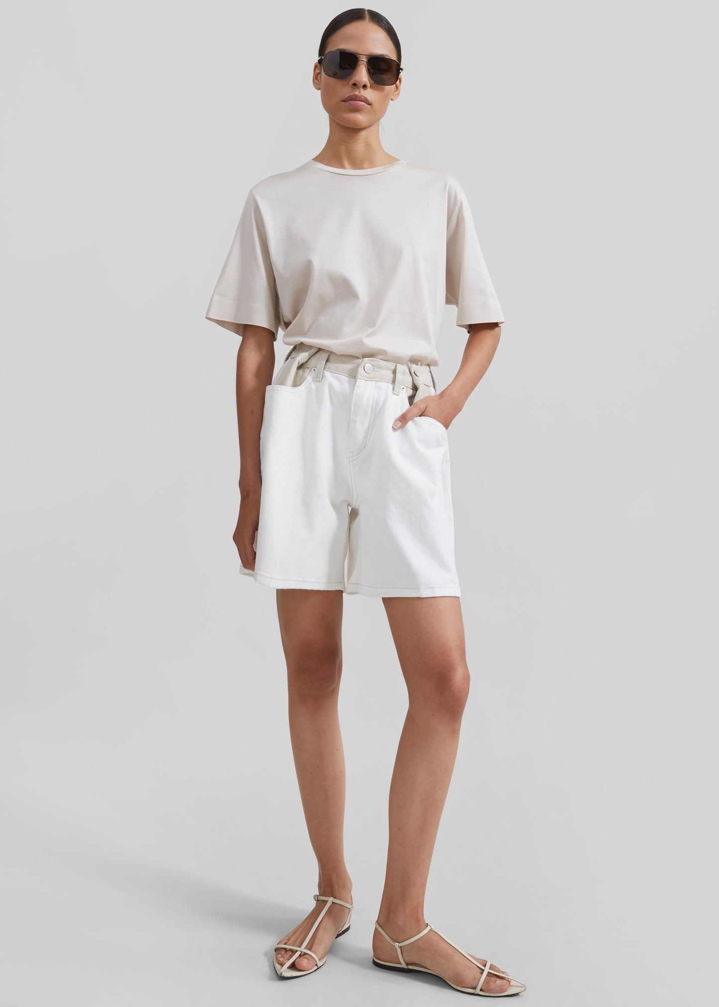 Hayla Contrast Denim Shorts - Off White/Beige