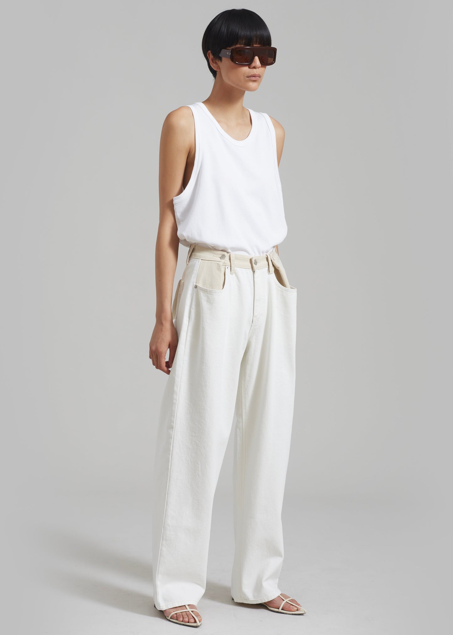 Hayla Contrast Denim Pants - Off White/Beige