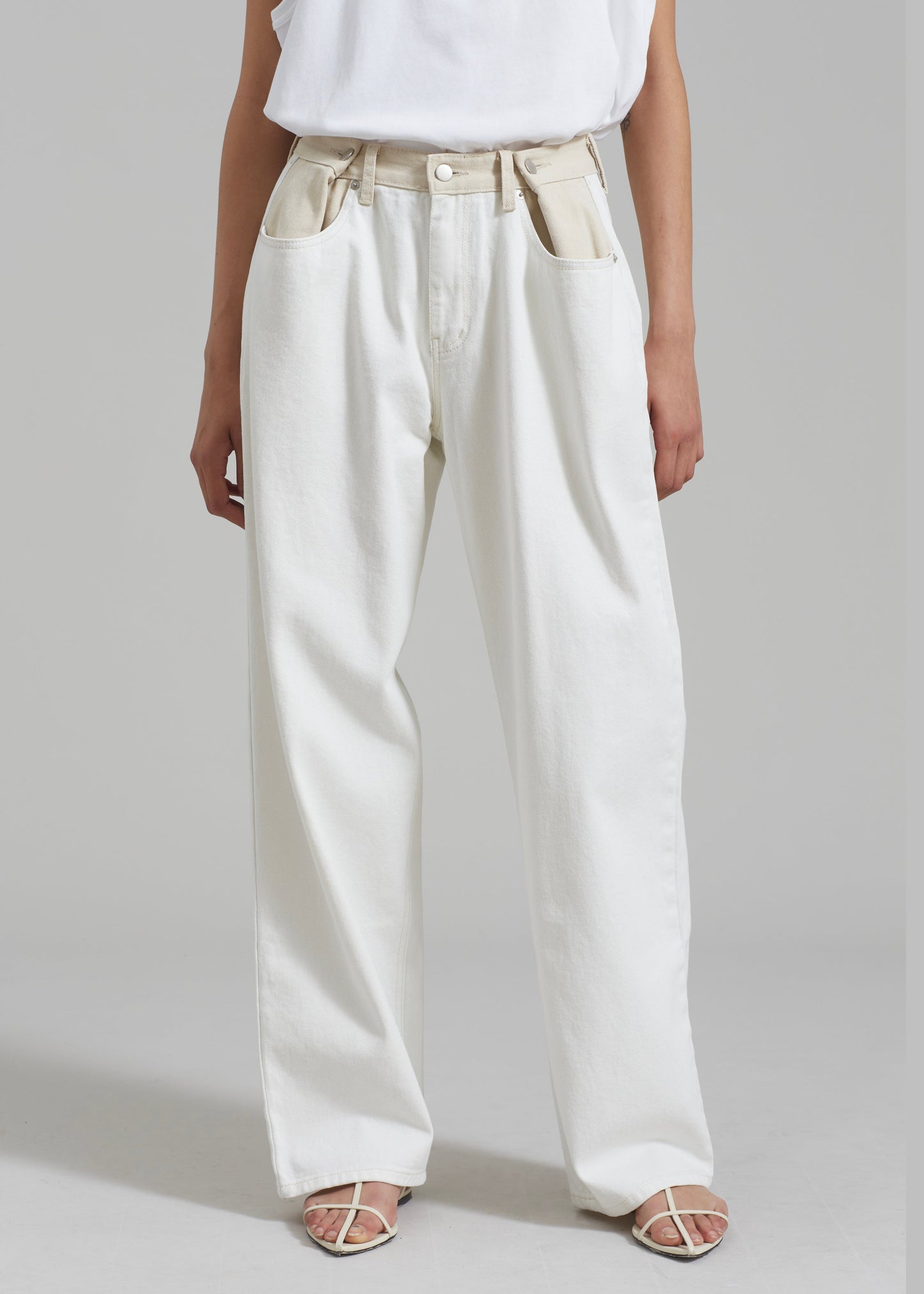 Hayla Contrast Denim Pants - Off White/Beige