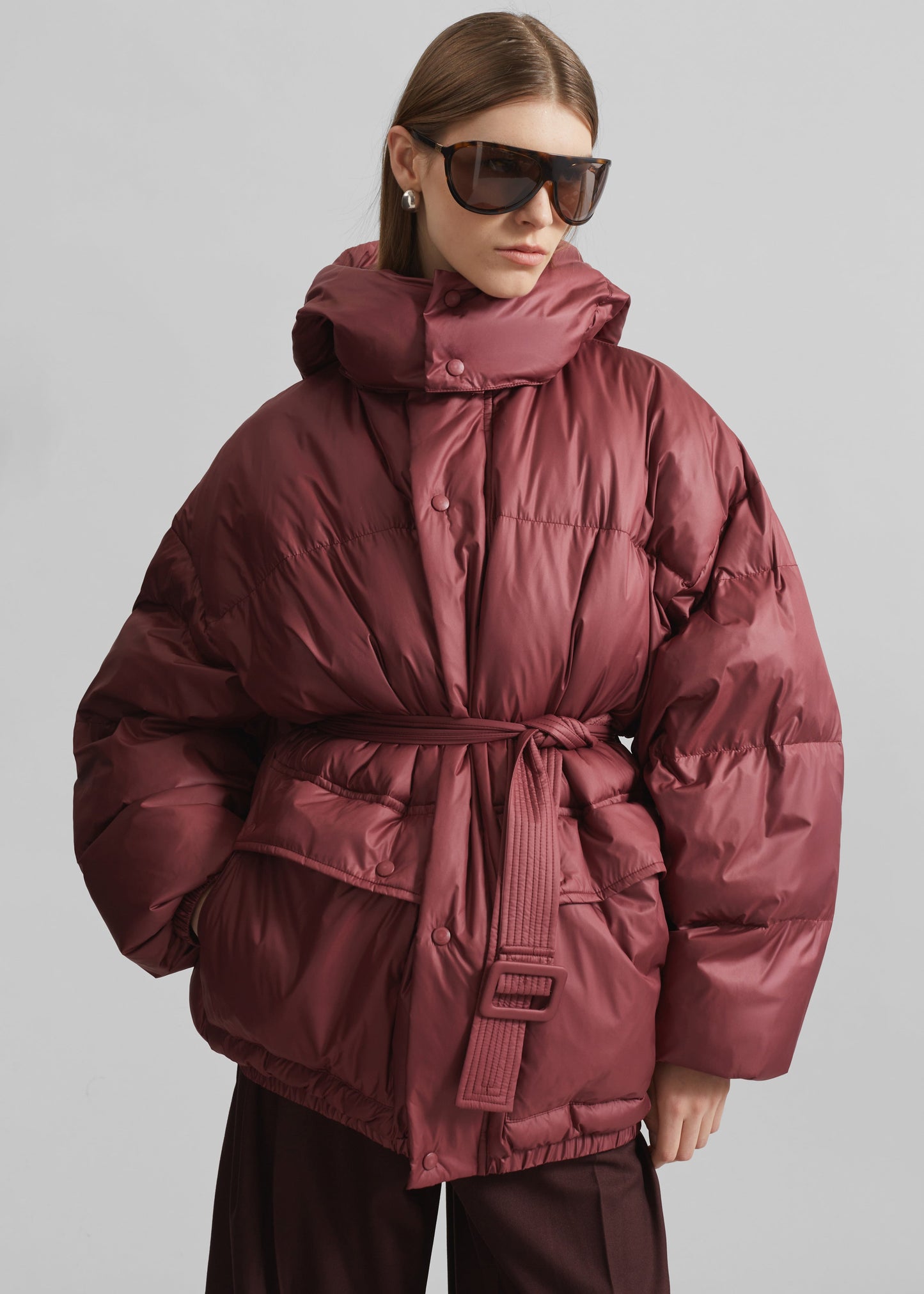 Hedon Belted Puffer Jacket - Burgundy