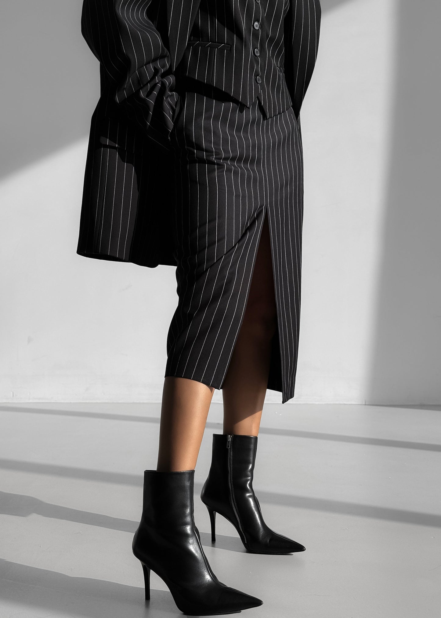 Holland Midi Slit Skirt - Black/White Pinstripe