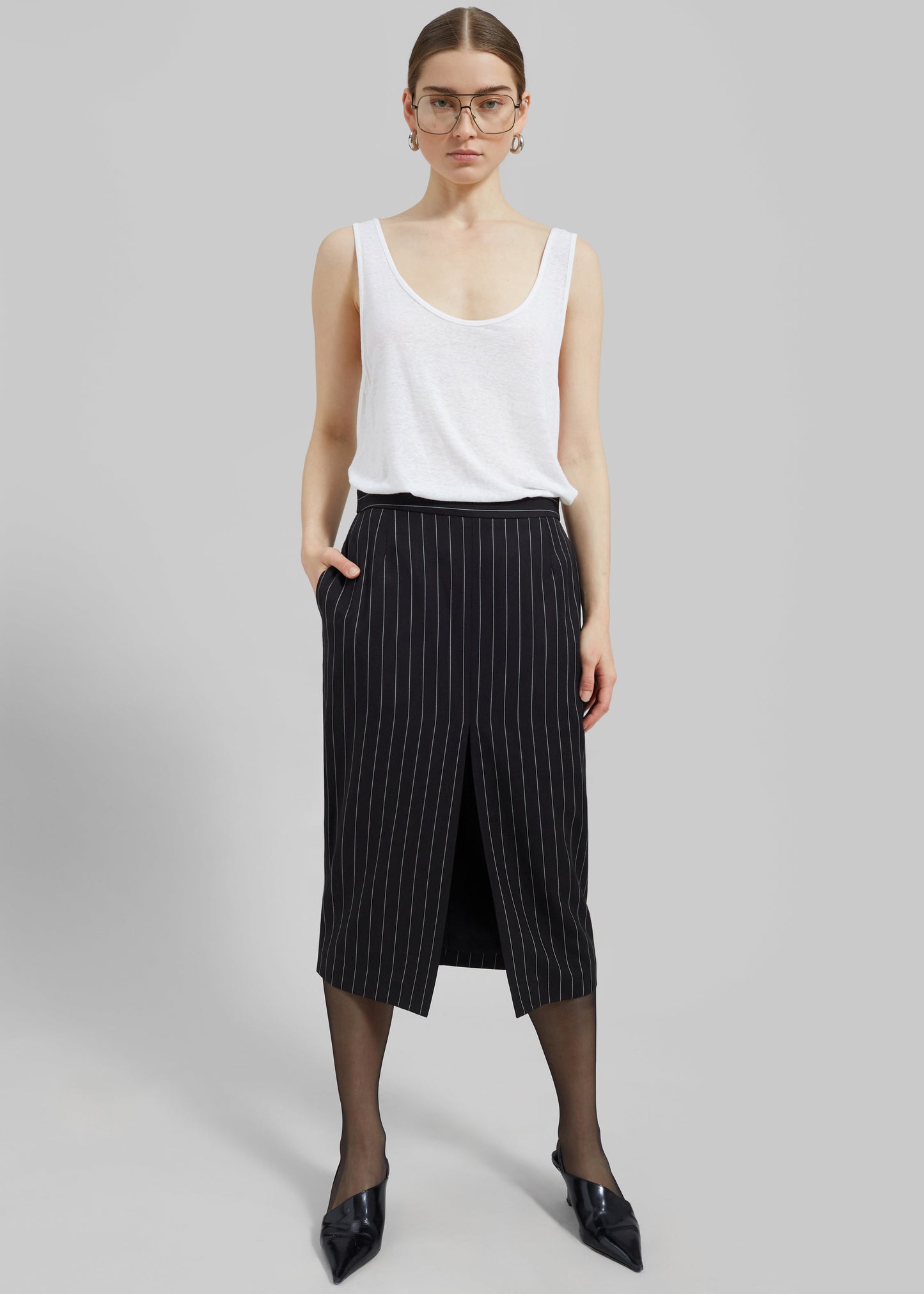 Holland Midi Slit Skirt - Black/White Pinstripe