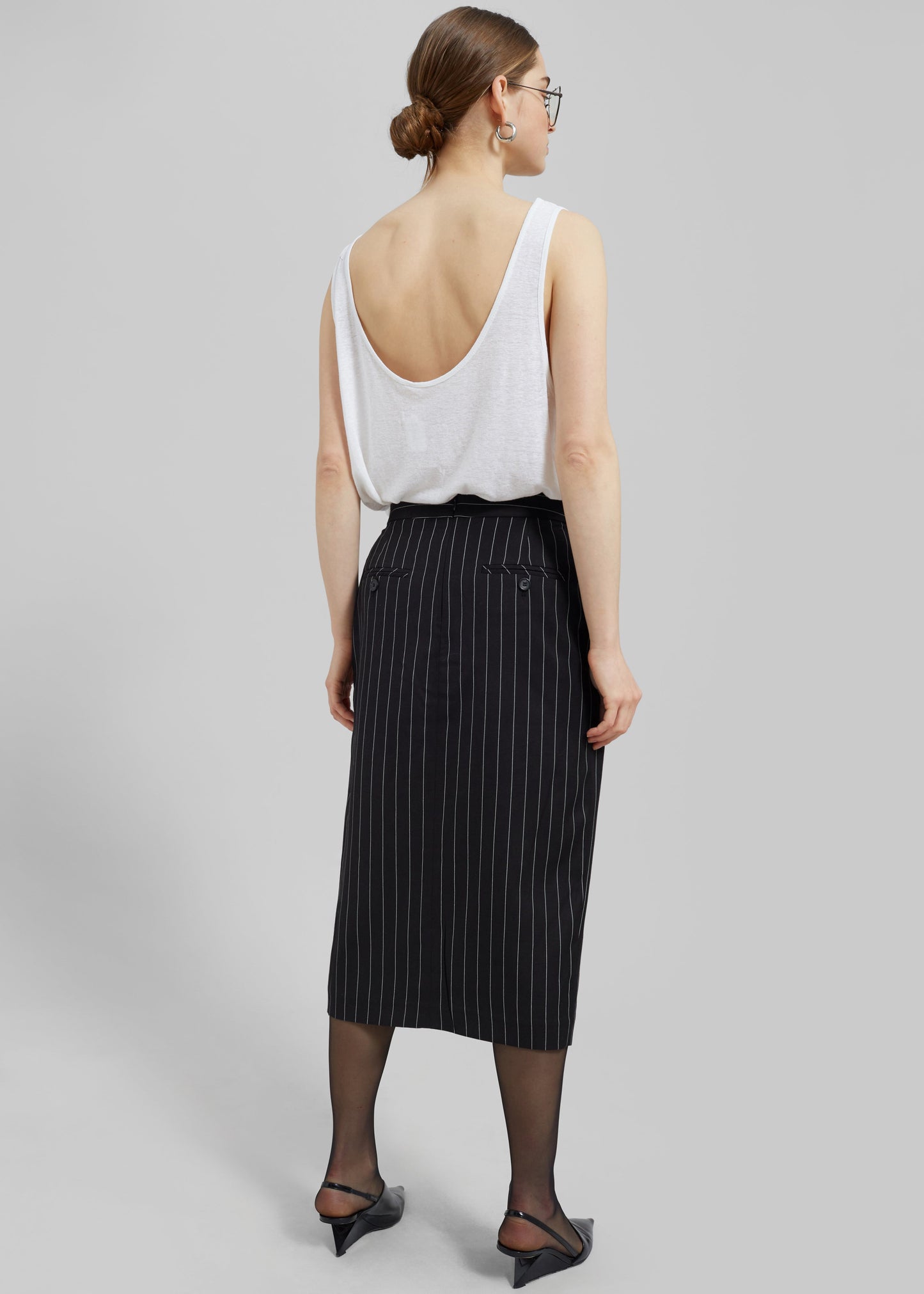 Holland Midi Slit Skirt - Black/White Pinstripe