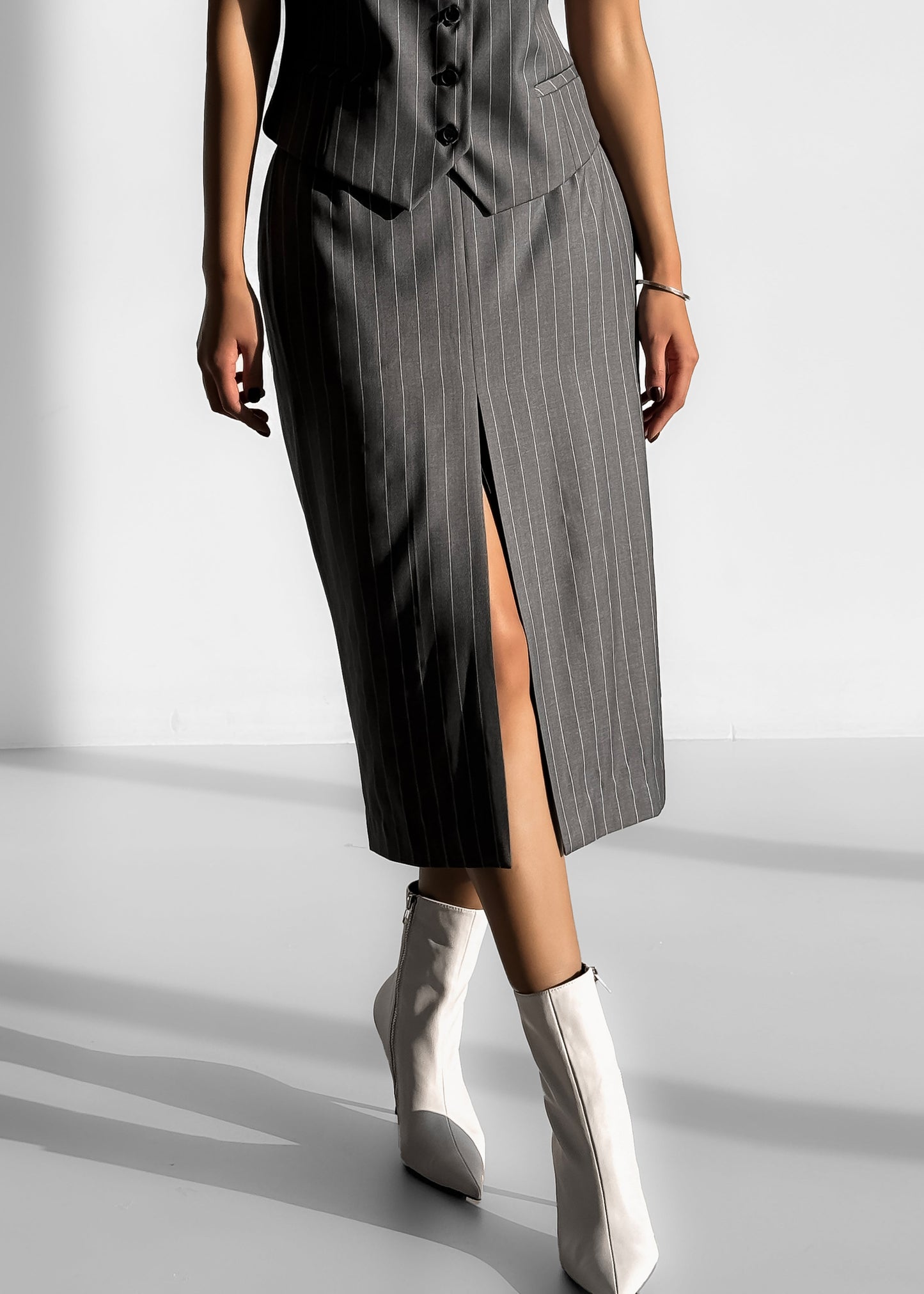 Holland Midi Slit Skirt - Charcoal/White Pinstripe