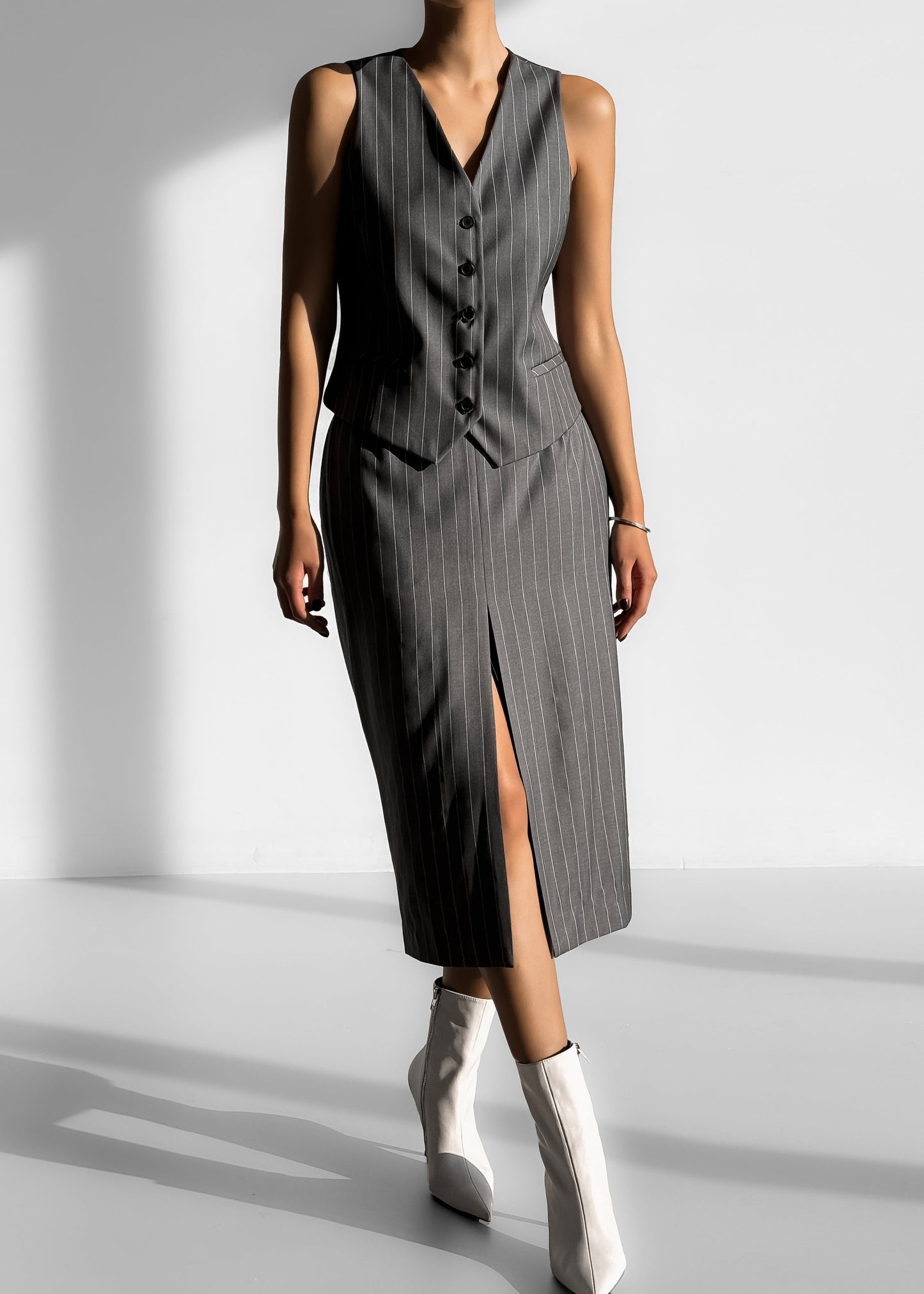 Holland Midi Slit Skirt - Charcoal/White Pinstripe