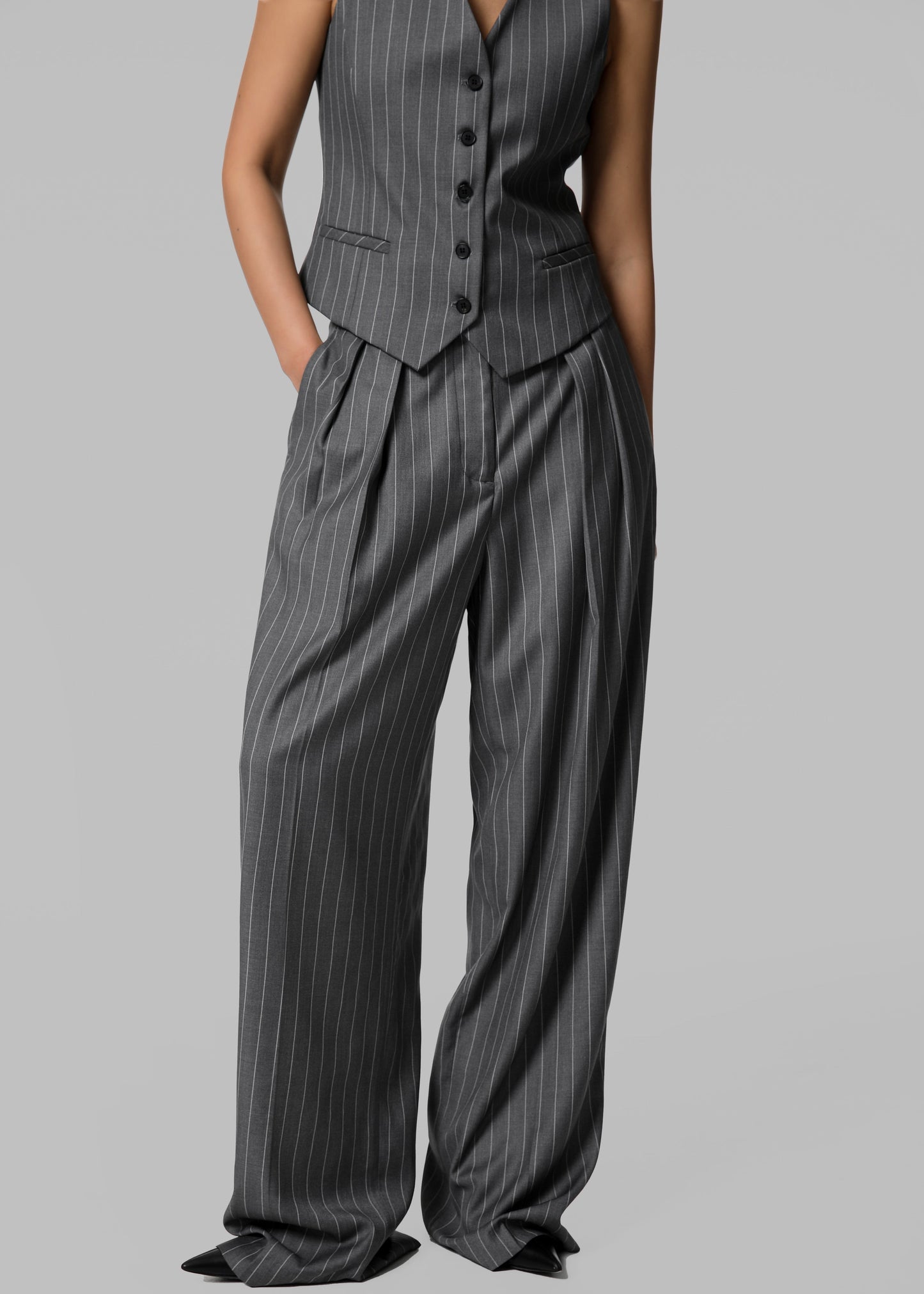 Holland Pleated Trousers - Charcoal/White Pinstripe