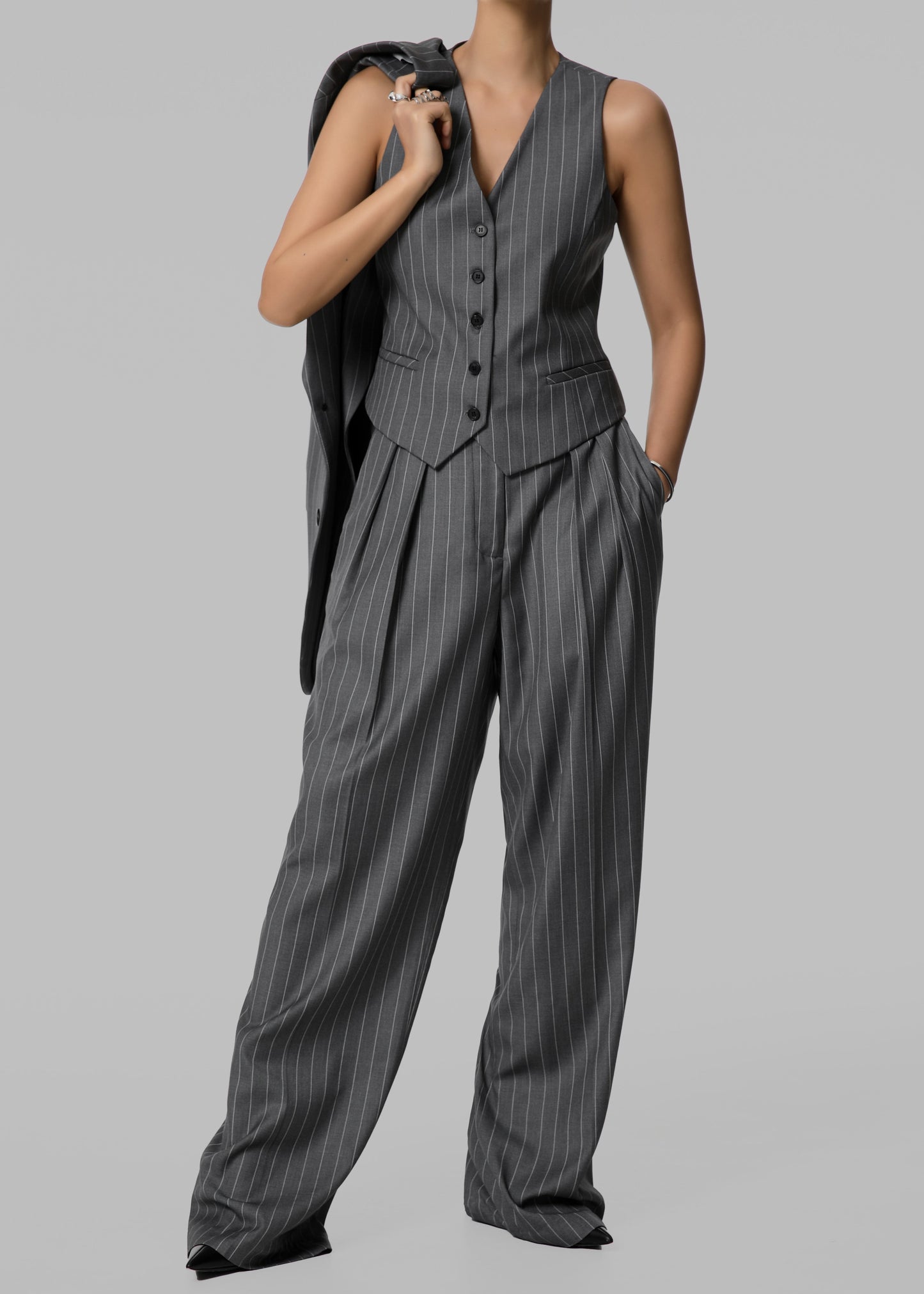 Holland Pleated Trousers - Charcoal/White Pinstripe