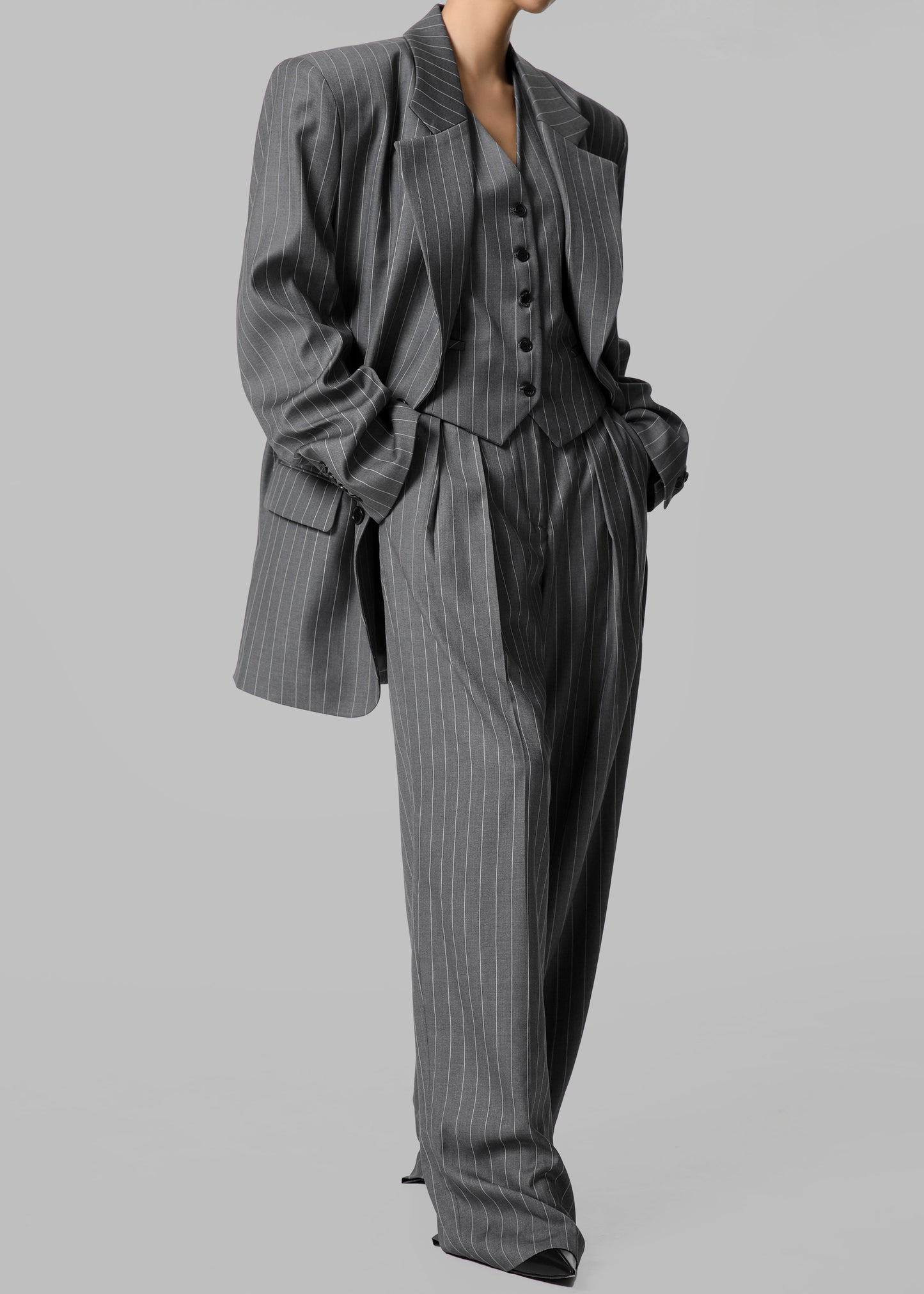 Holland Pleated Trousers - Charcoal/White Pinstripe