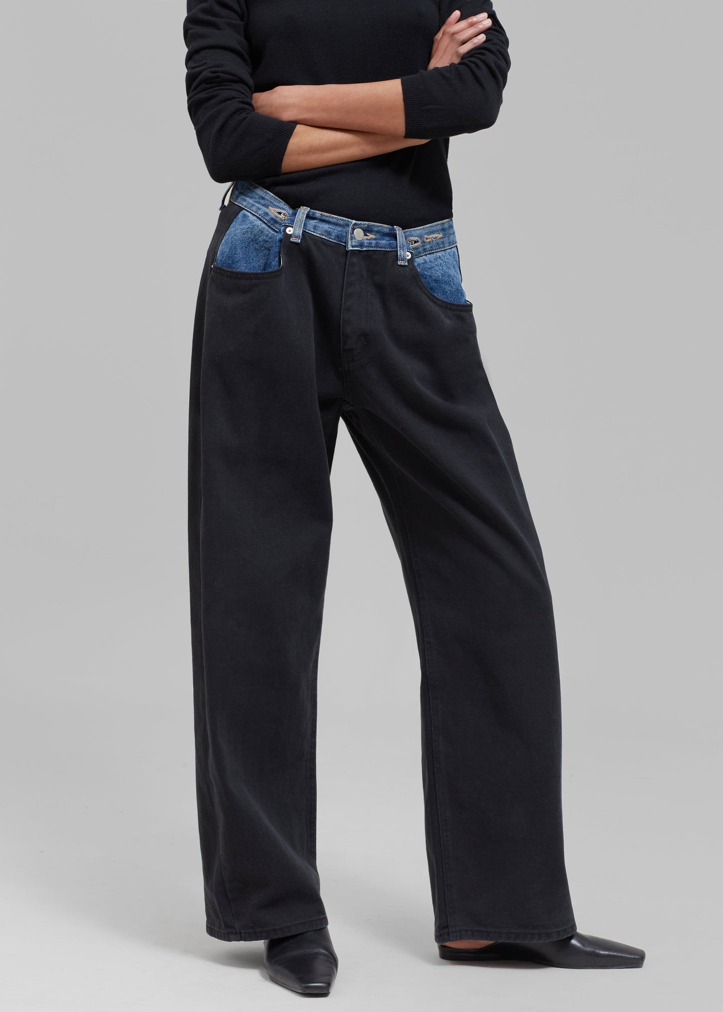 Hayla Contrast Denim Pants - Black/Blue