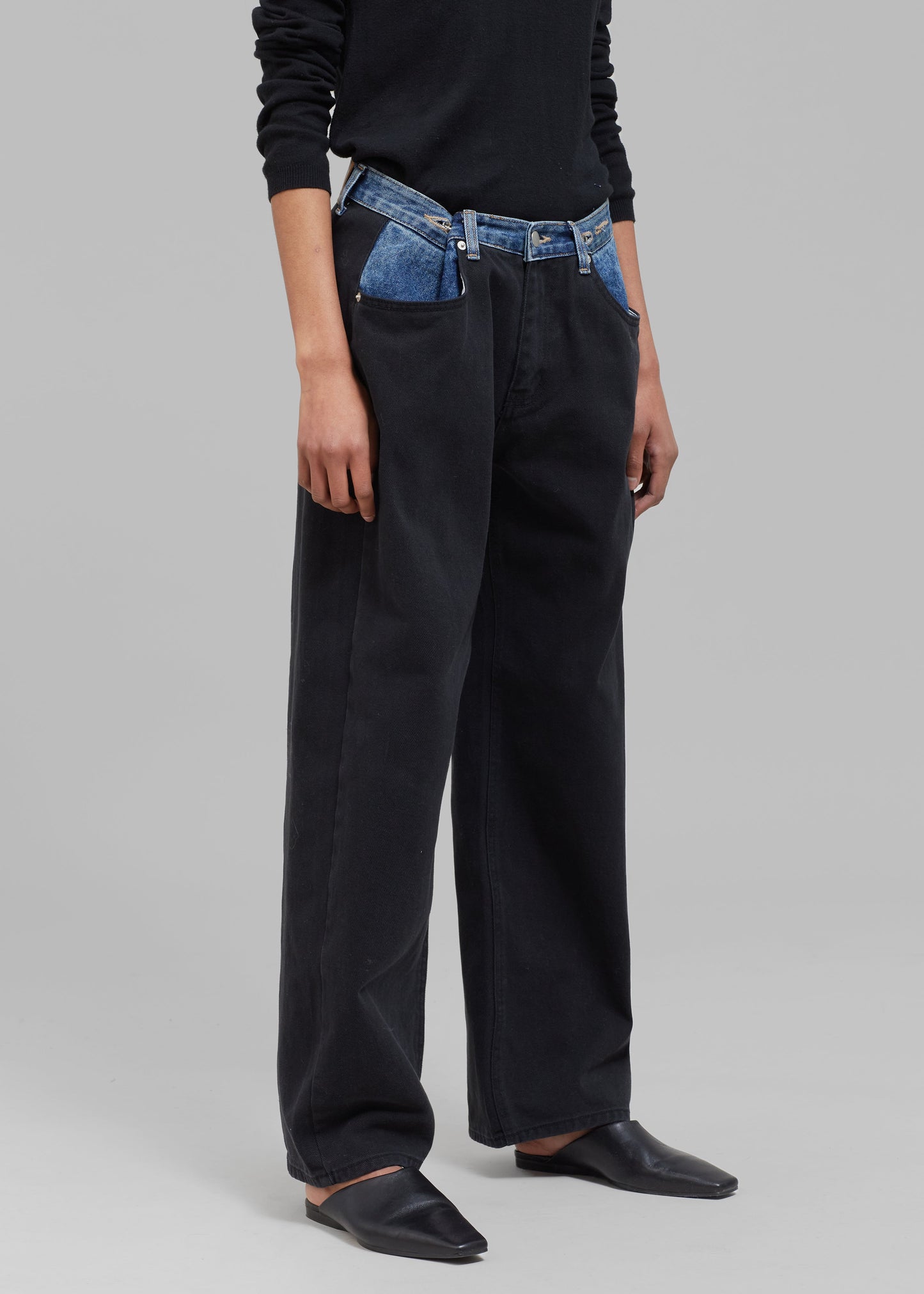 Hayla Contrast Denim Pants - Black/Blue