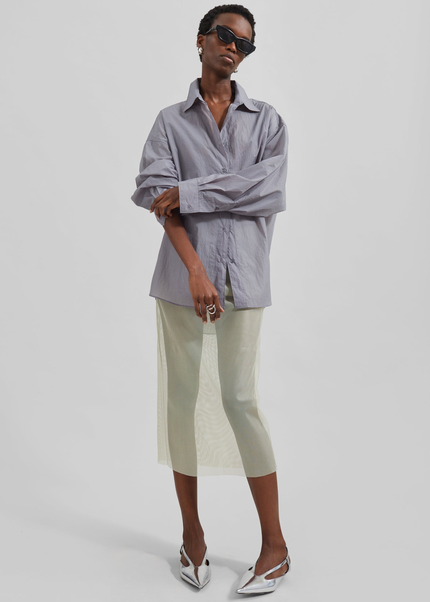 Ira Semi Sheer Button Up Shirt - Grey