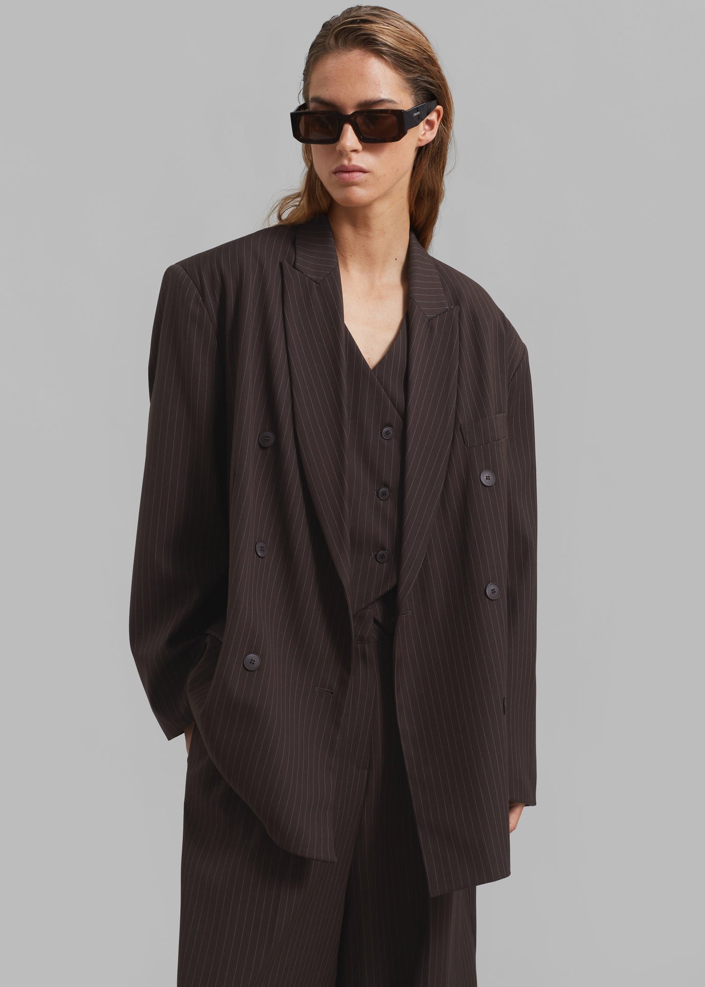 Ivey Double Breasted Blazer - Brown/White Pinstripe