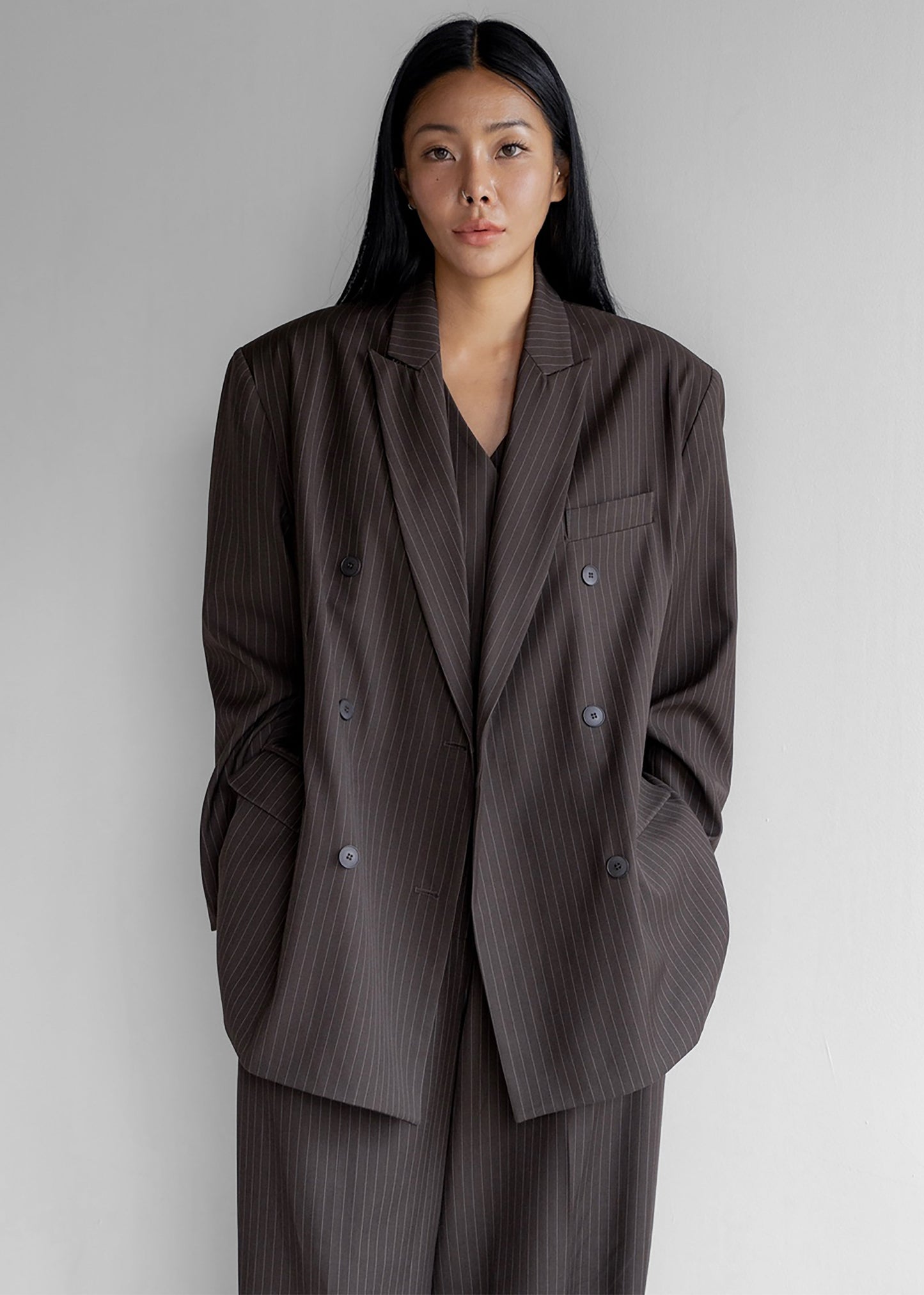 Ivey Double Breasted Blazer - Brown/White Pinstripe