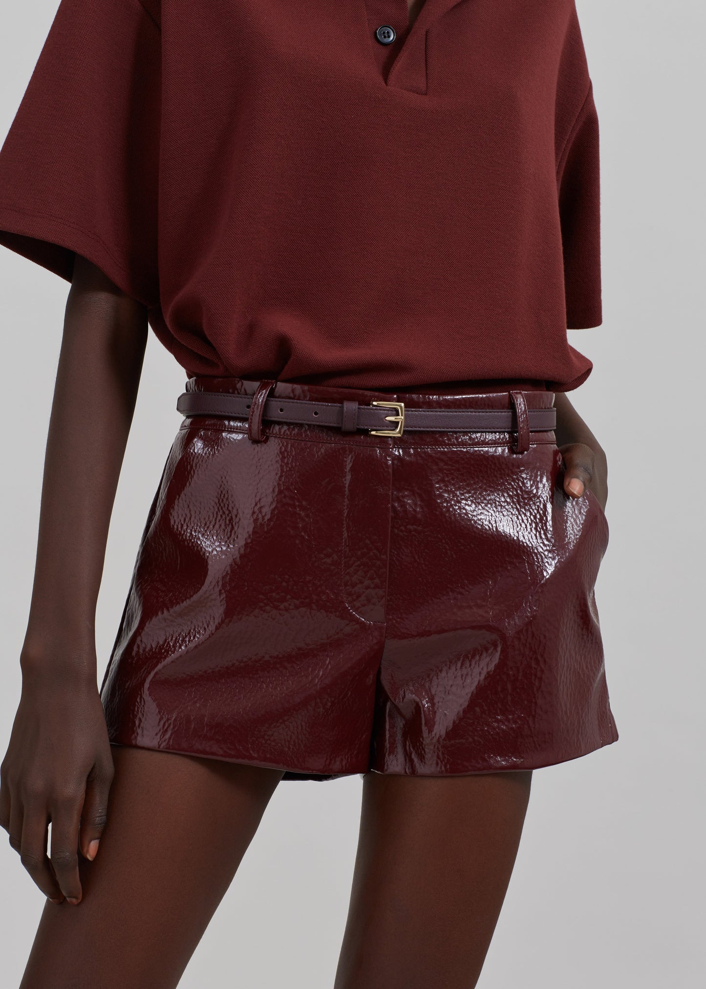 Kate Crackled Faux Leather Mini Shorts - Burgundy