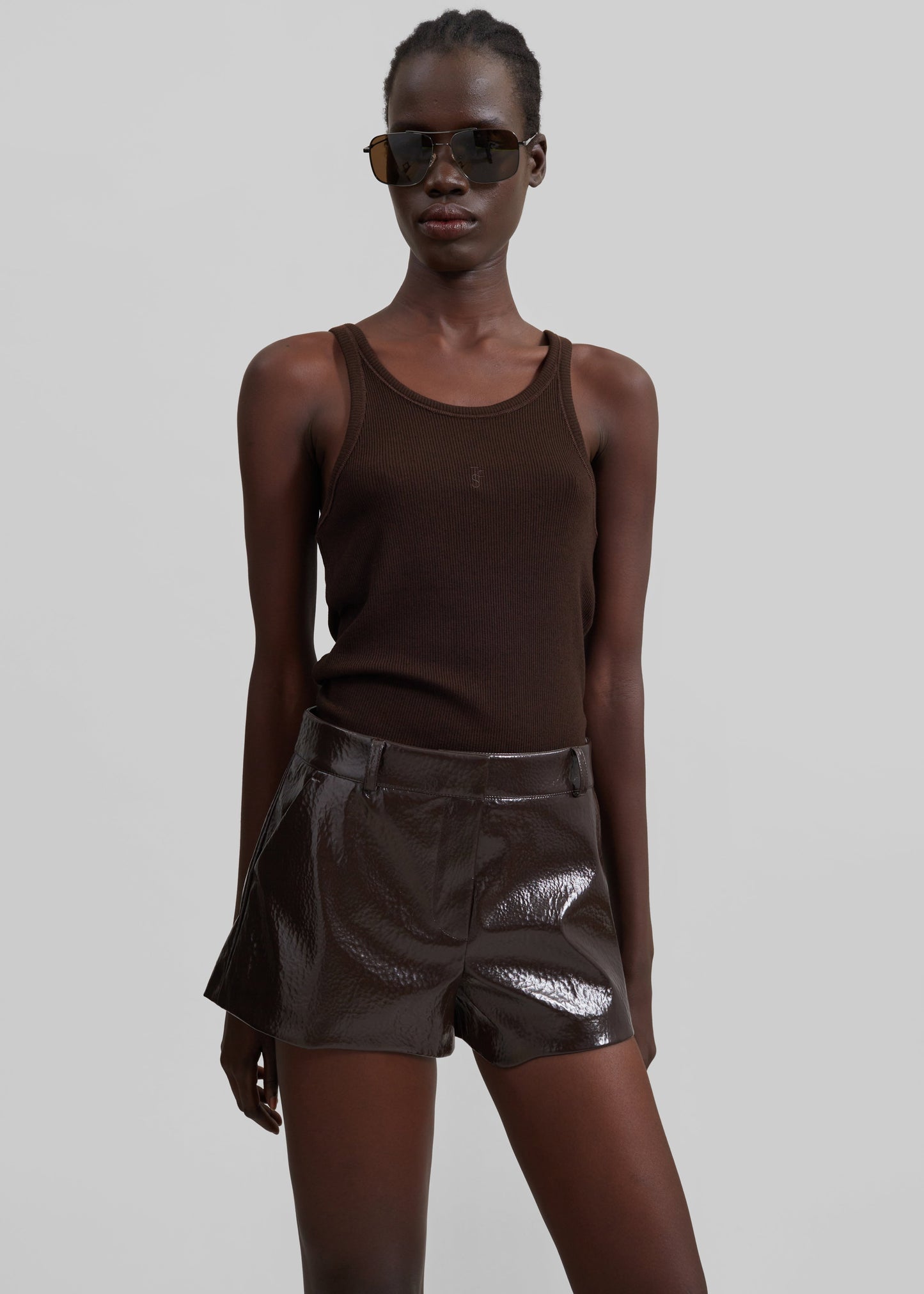 Kate Crackled Faux Leather Mini Shorts - Brown