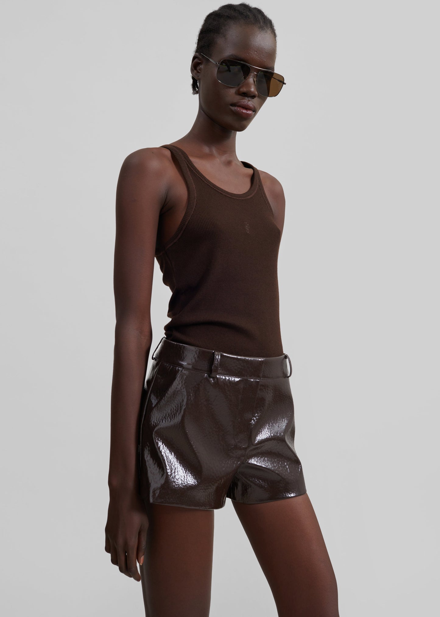 Kate Crackled Faux Leather Mini Shorts - Brown