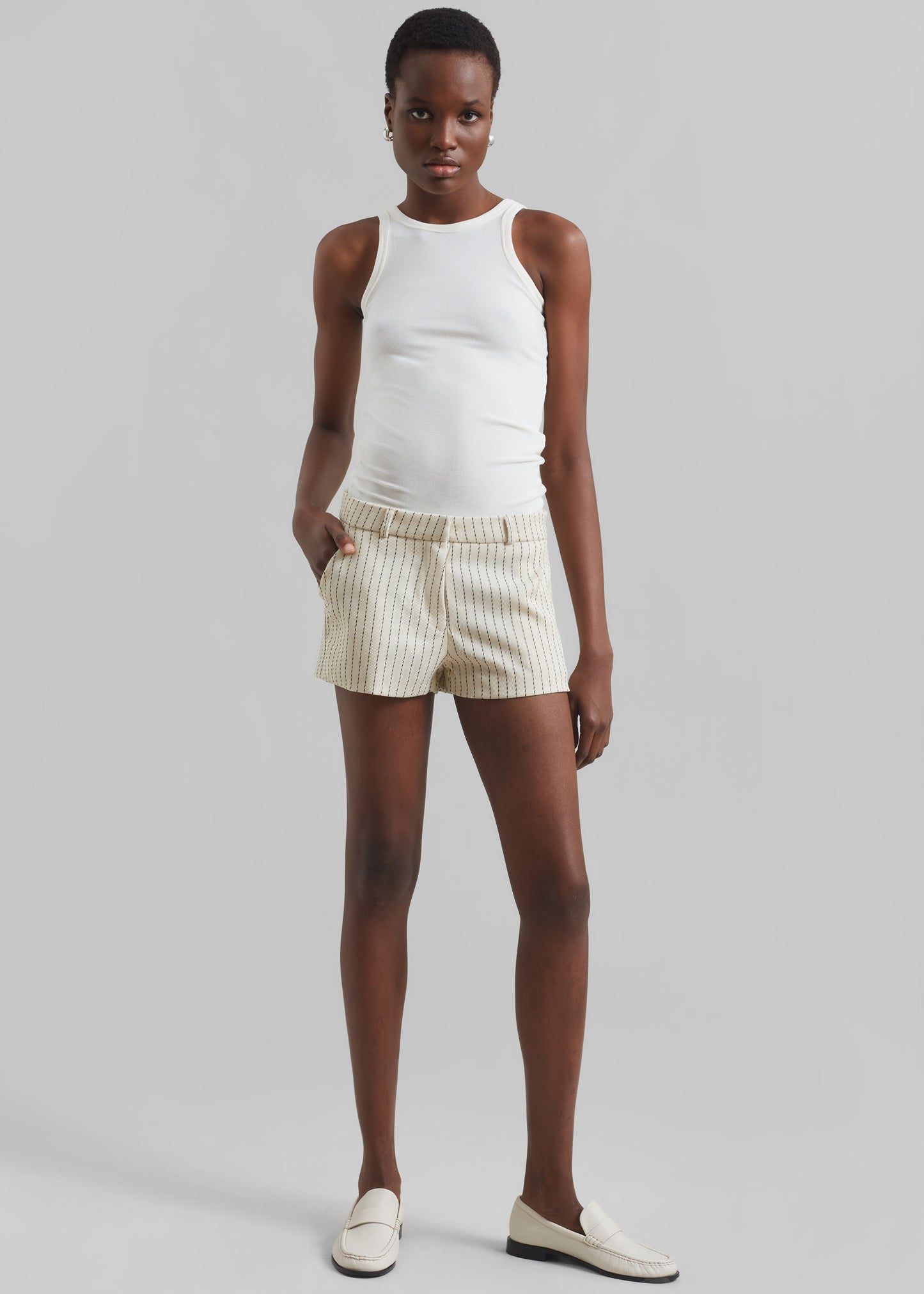 Kate Twill Mini Shorts - Light Beige/Black Pinstripe