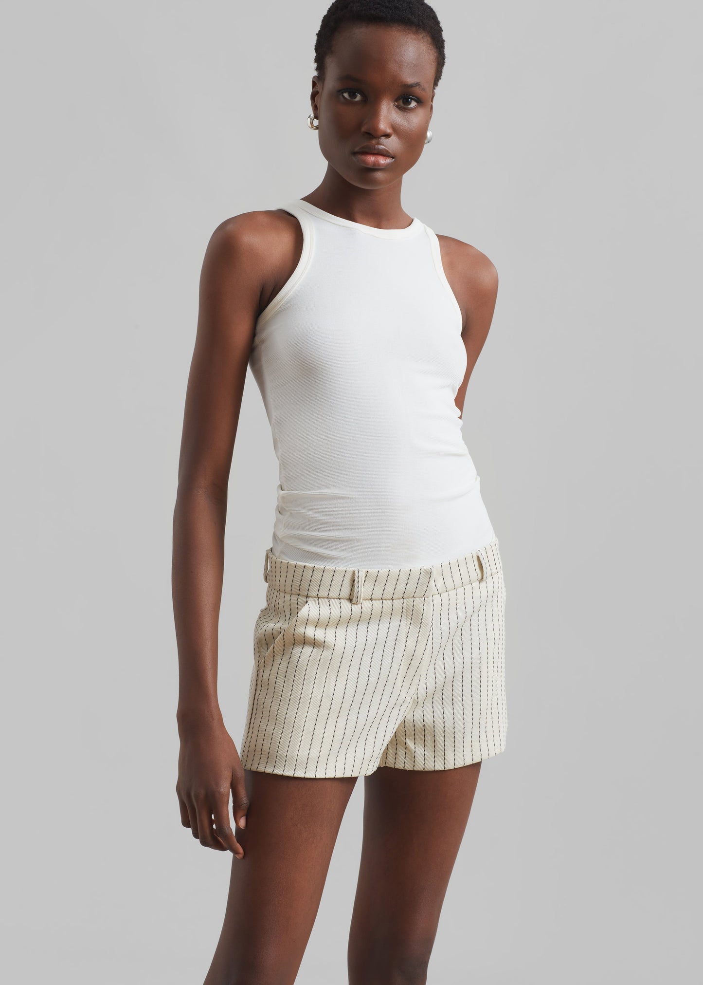 Kate Twill Mini Shorts - Light Beige/Black Pinstripe