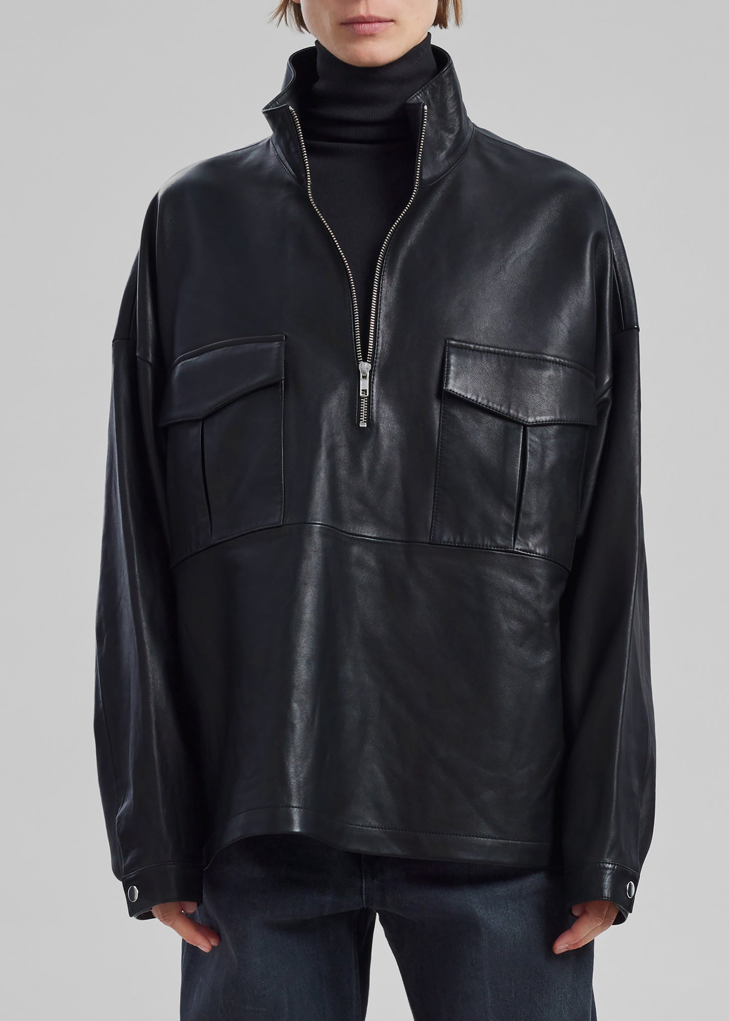 Kevin Leather Half Zip Shirt - Black