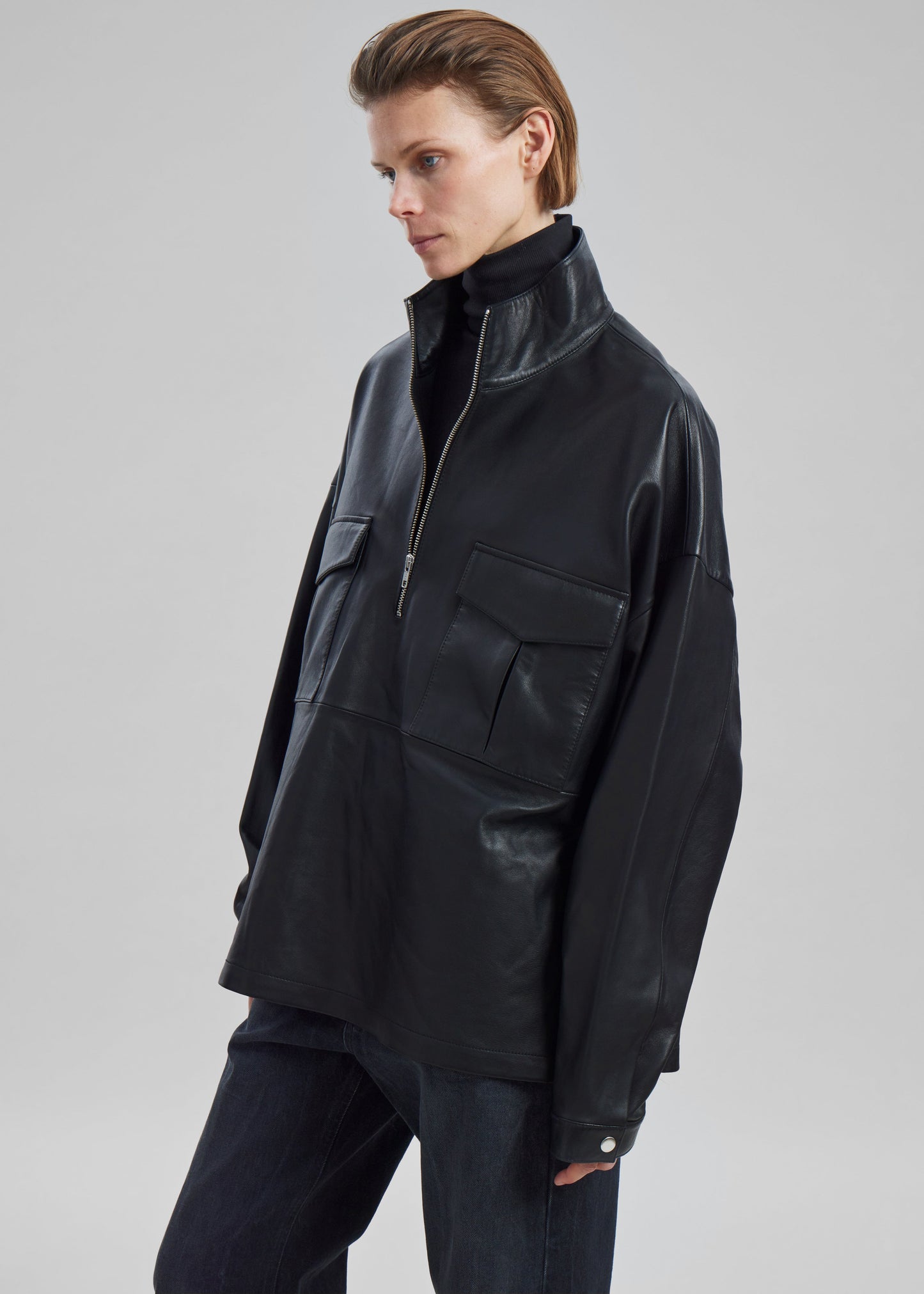 Kevin Leather Half Zip Shirt - Black