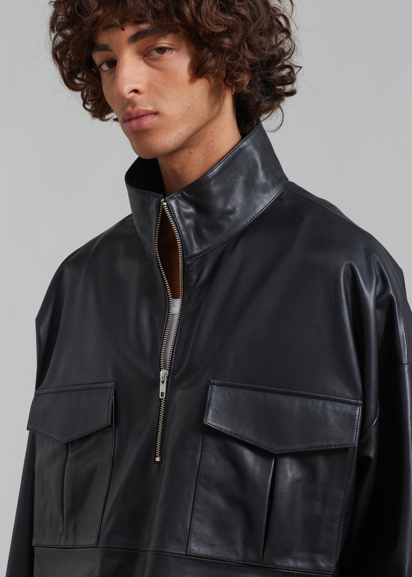 Kevin Leather Half Zip Shirt - Black