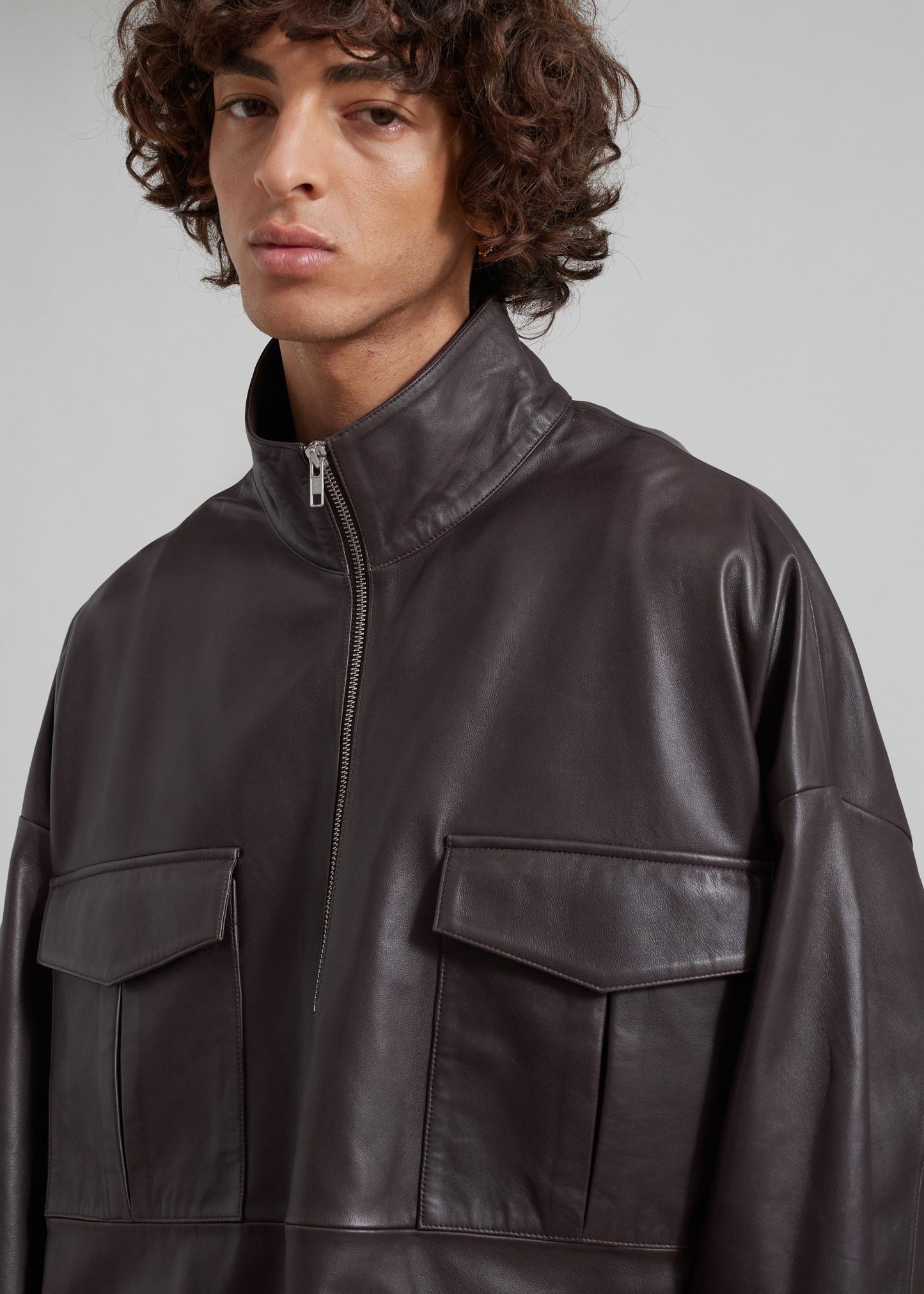 Kevin Leather Half Zip Shirt - Brown