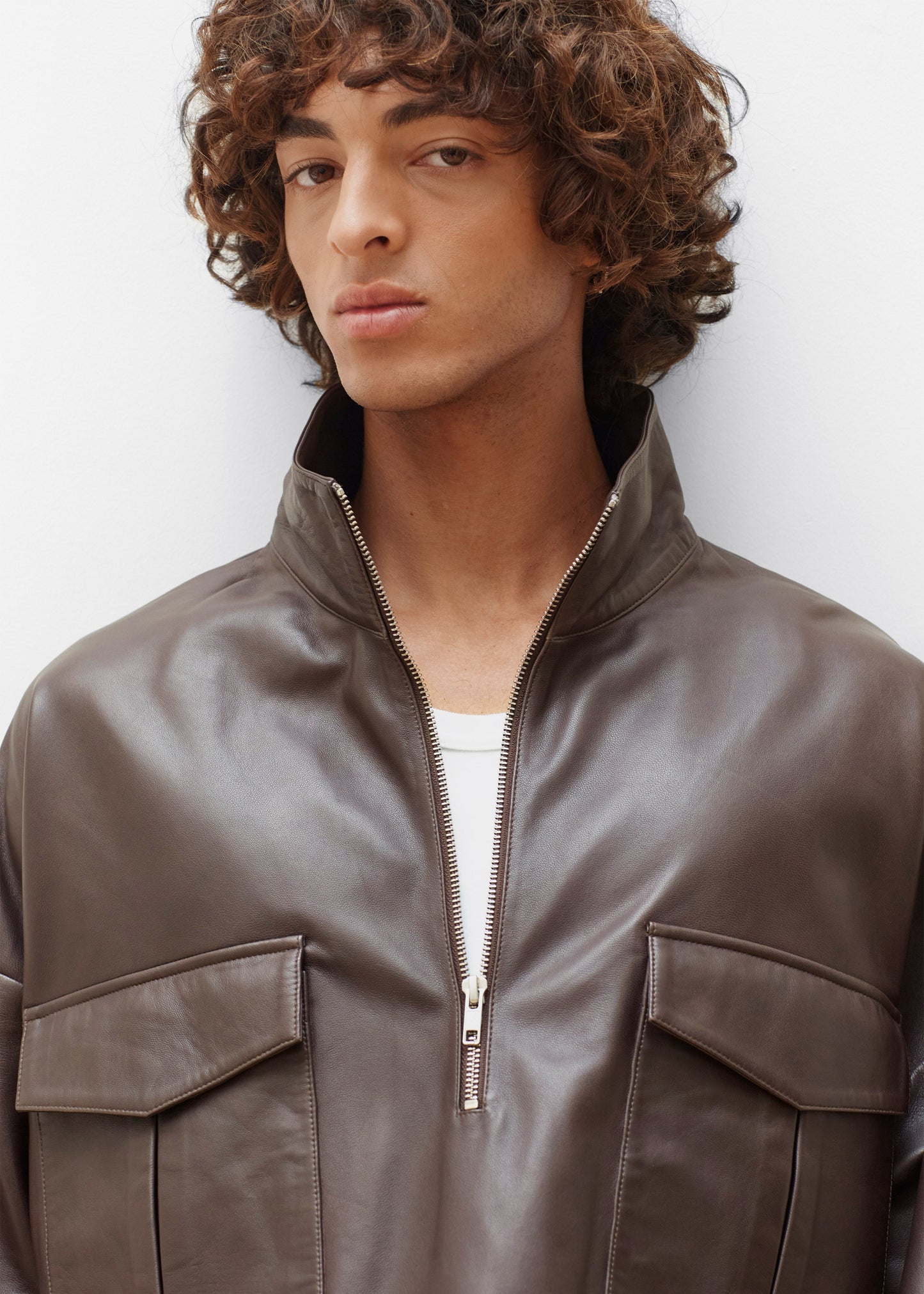 Kevin Leather Half Zip Shirt - Brown