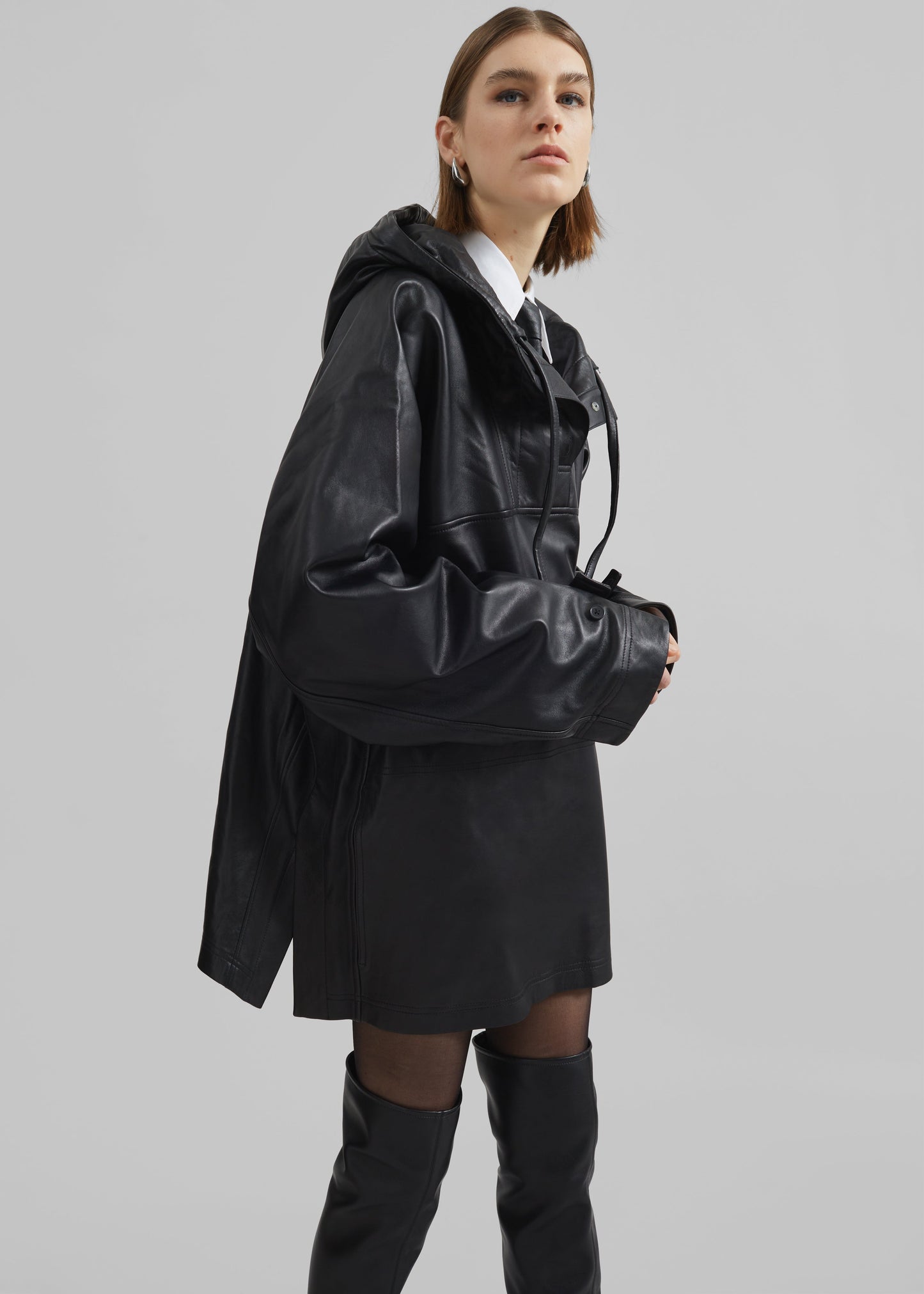 Kevin Leather Hooded Overshirt - Black