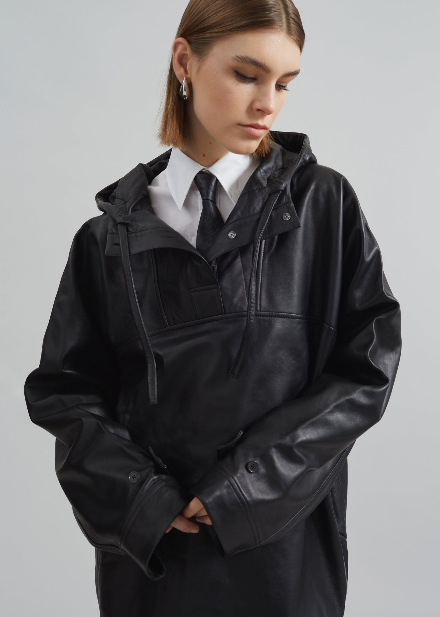 Kevin Leather Hooded Overshirt - Black