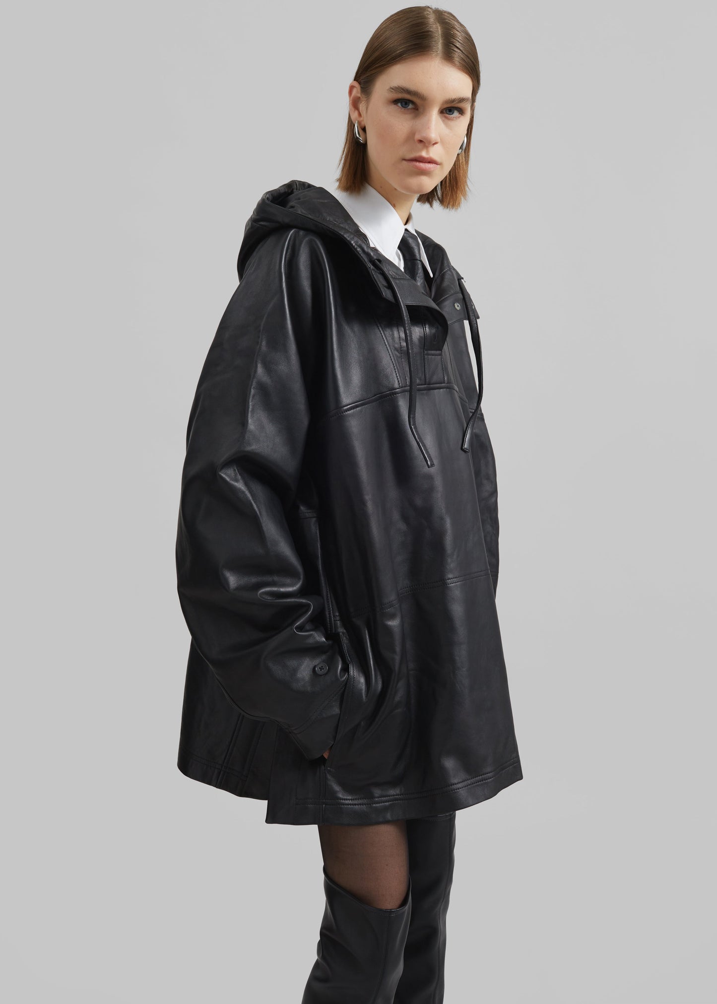 Kevin Leather Hooded Overshirt - Black