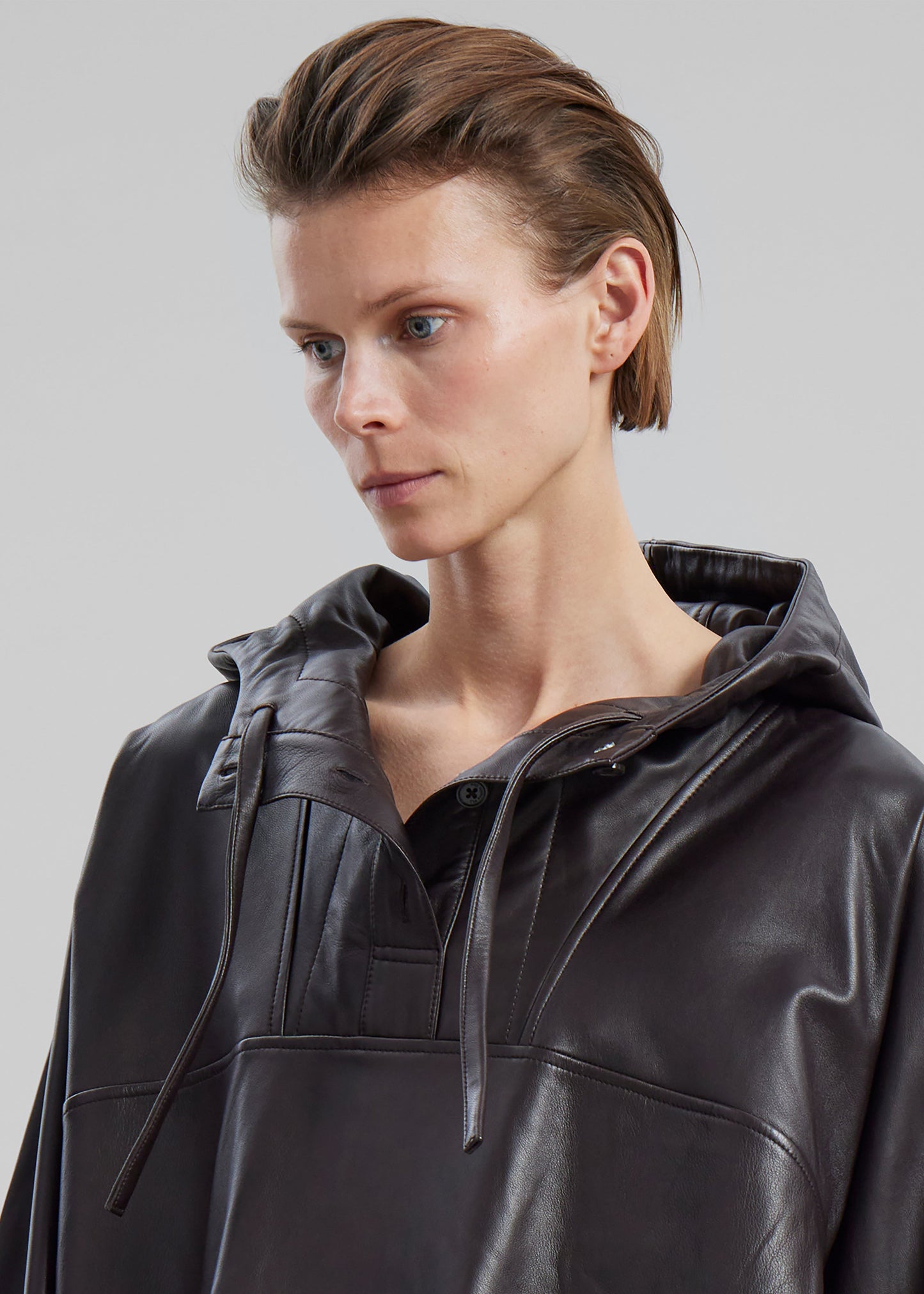 Kevin Leather Hooded Overshirt - Brown