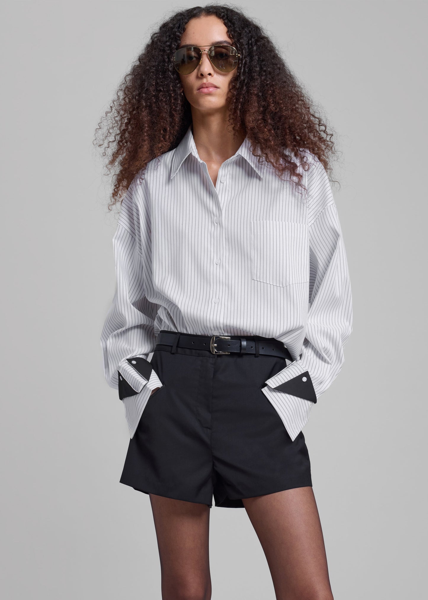 Leona Button Up Shirt - White/Grey Stripe