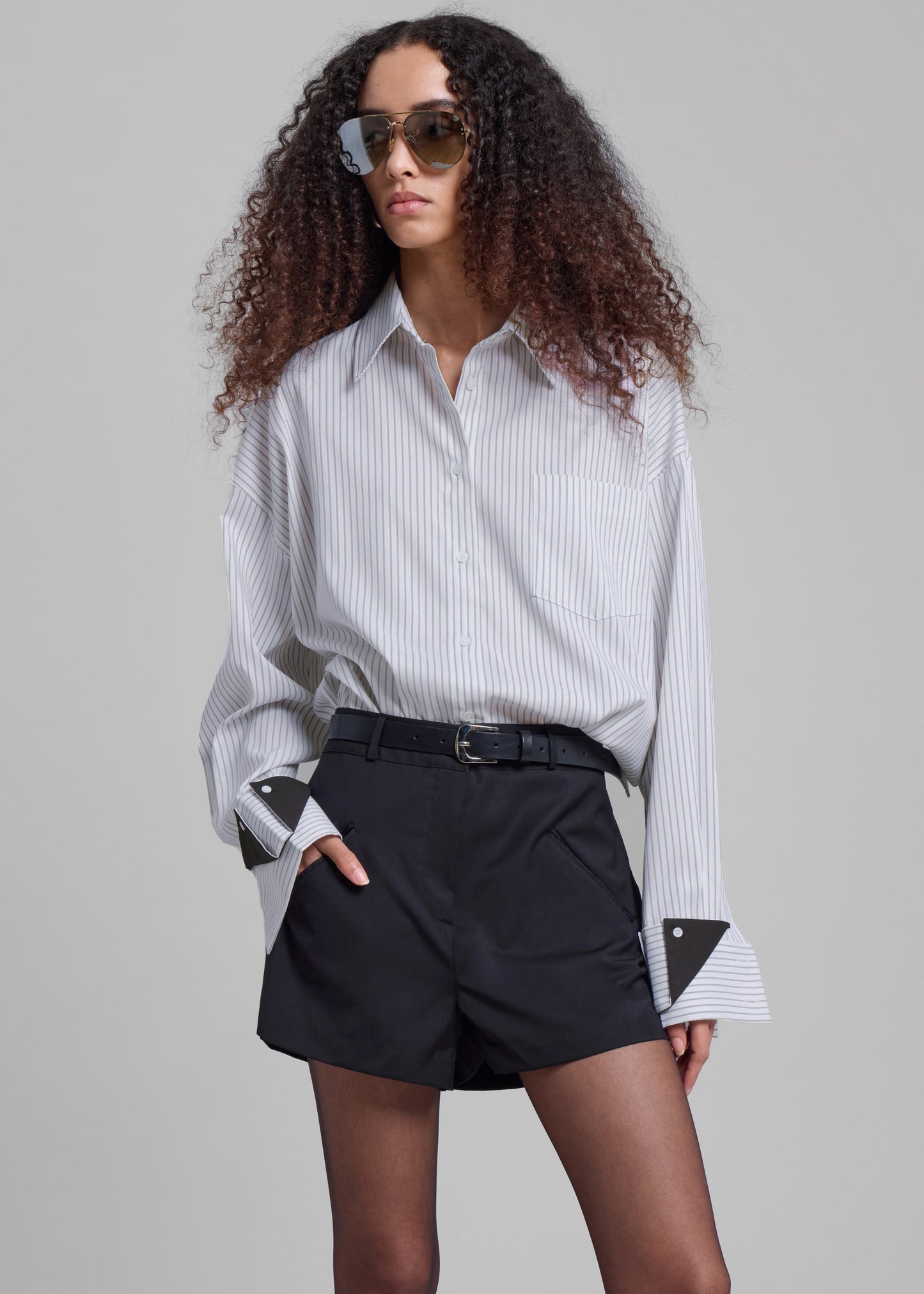 Leona Button Up Shirt - White/Grey Stripe