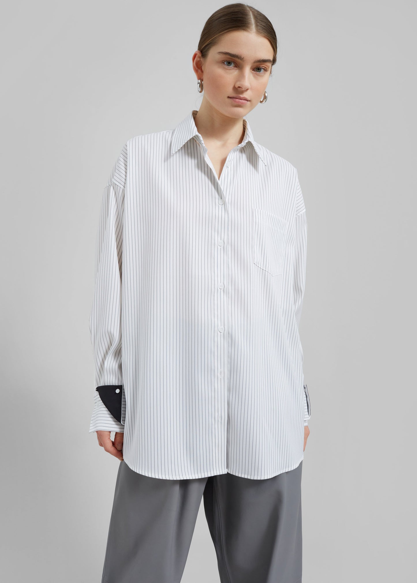 Leona Button Up Shirt - White/Grey Stripe