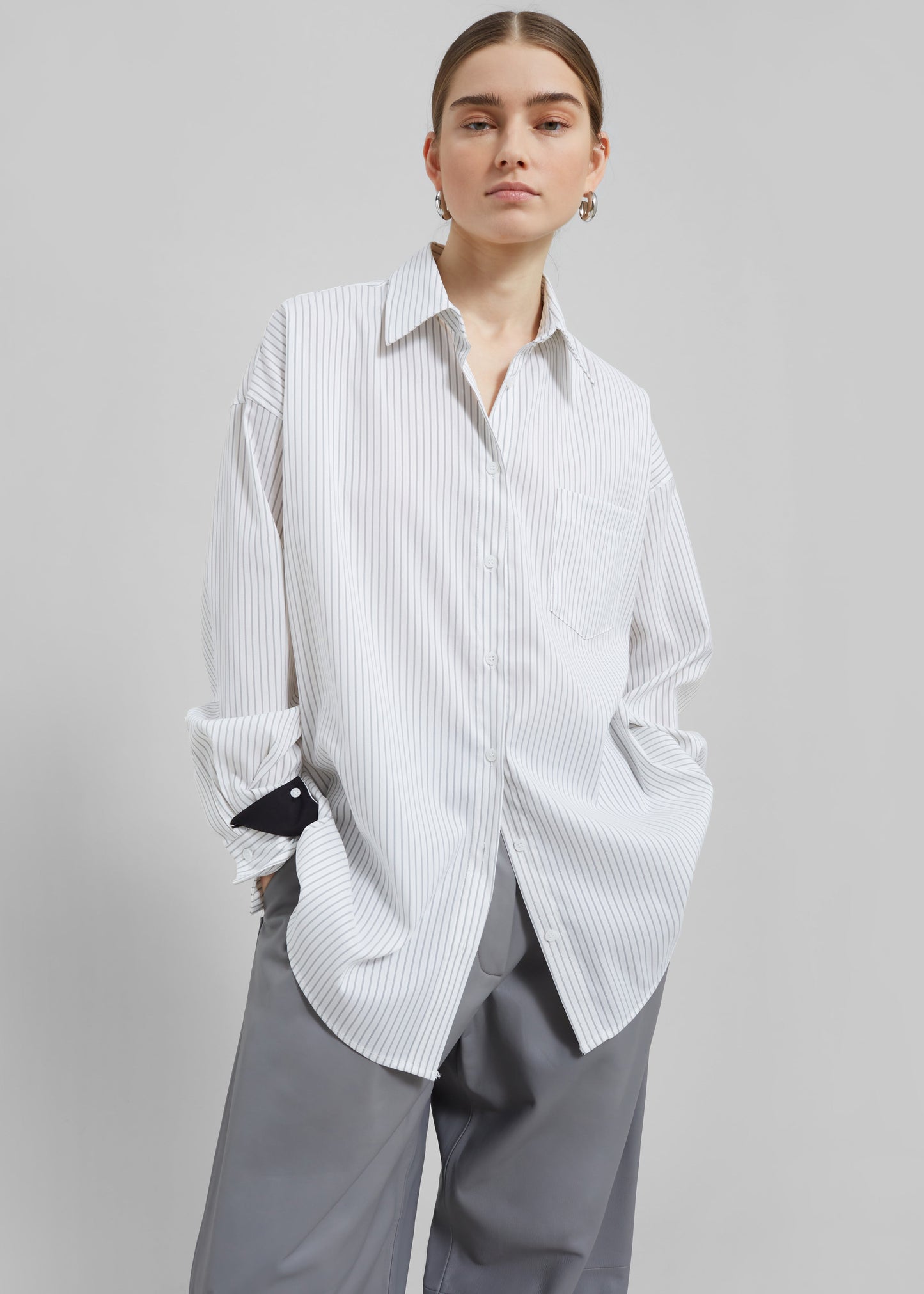 Leona Button Up Shirt - White/Grey Stripe