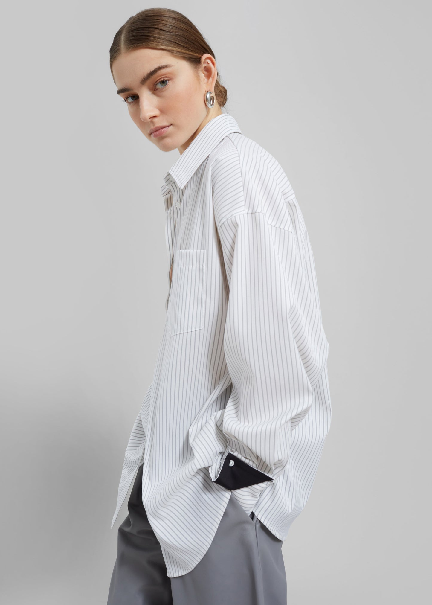 Leona Button Up Shirt - White/Grey Stripe