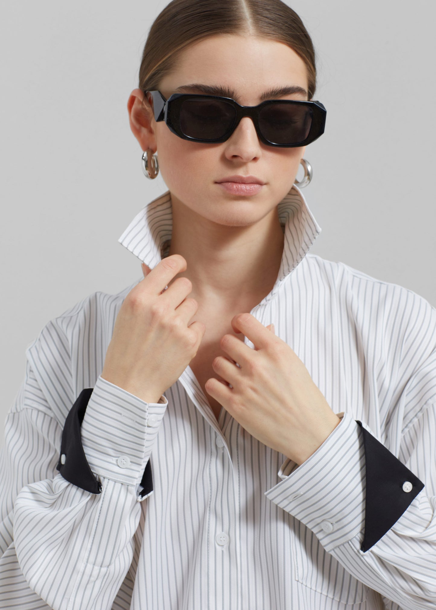 Leona Button Up Shirt - White/Grey Stripe