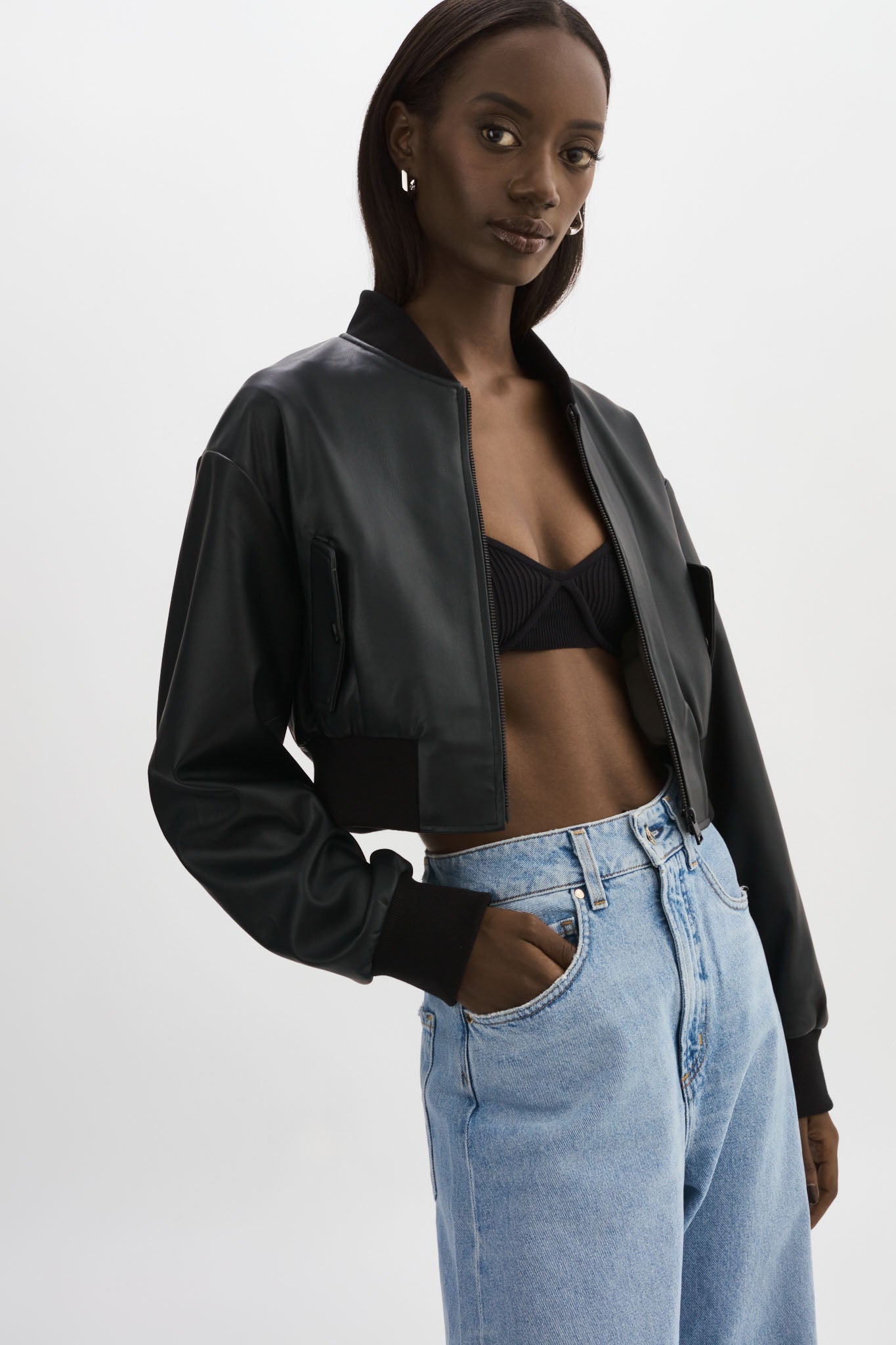 EVELIN | Faux Leather Cropped Bomber