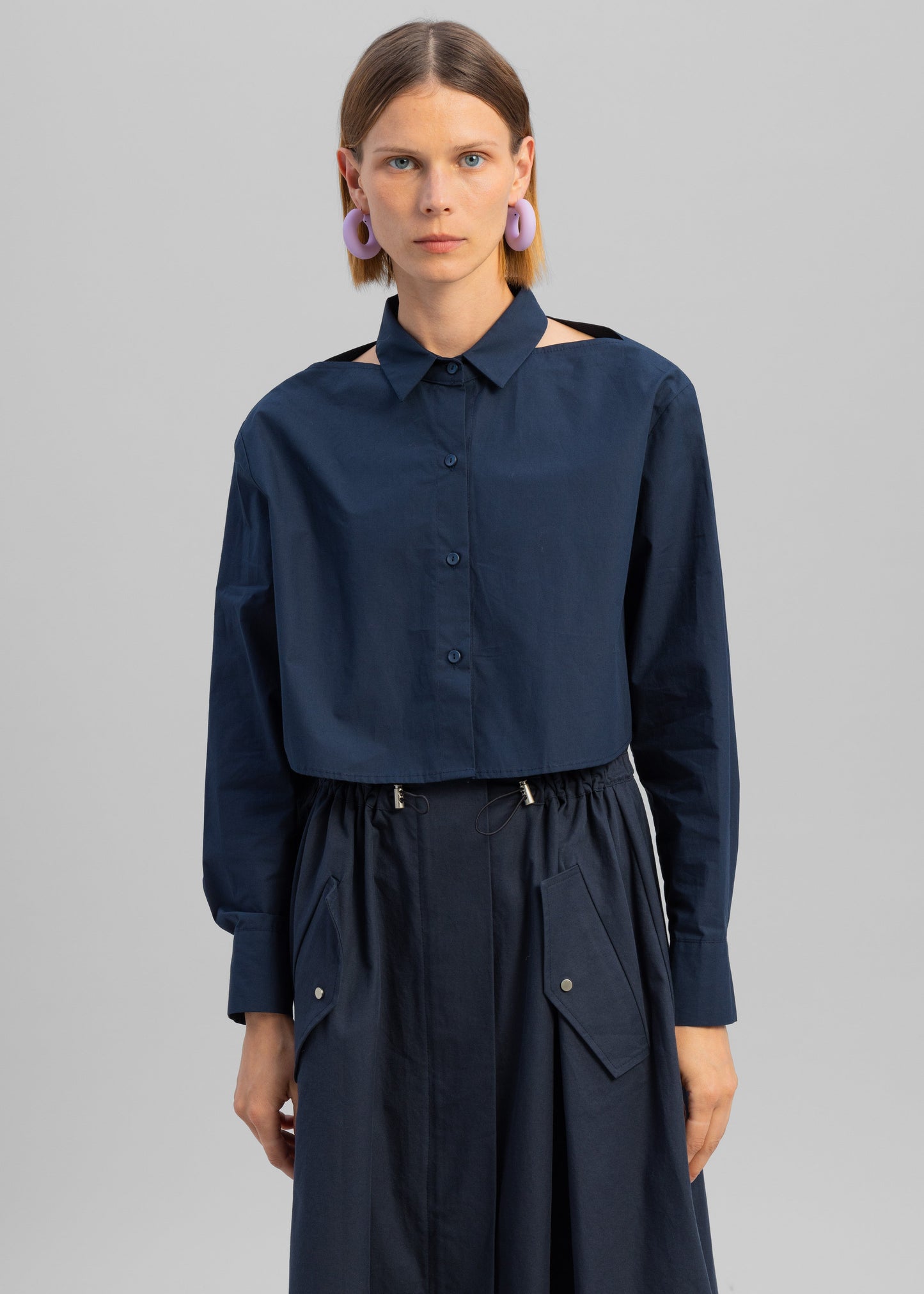 Lara Open Shoulder Cropped Shirt - Navy