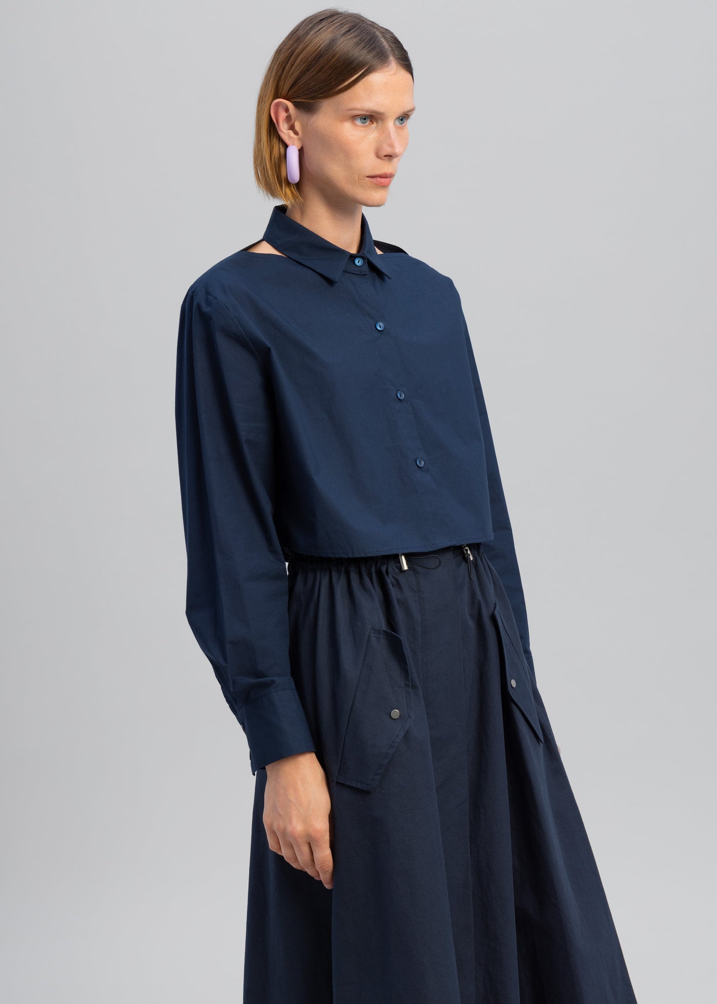 Lara Open Shoulder Cropped Shirt - Navy