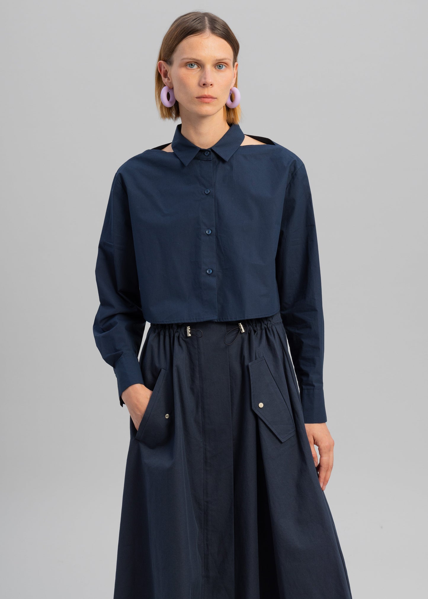 Lara Open Shoulder Cropped Shirt - Navy