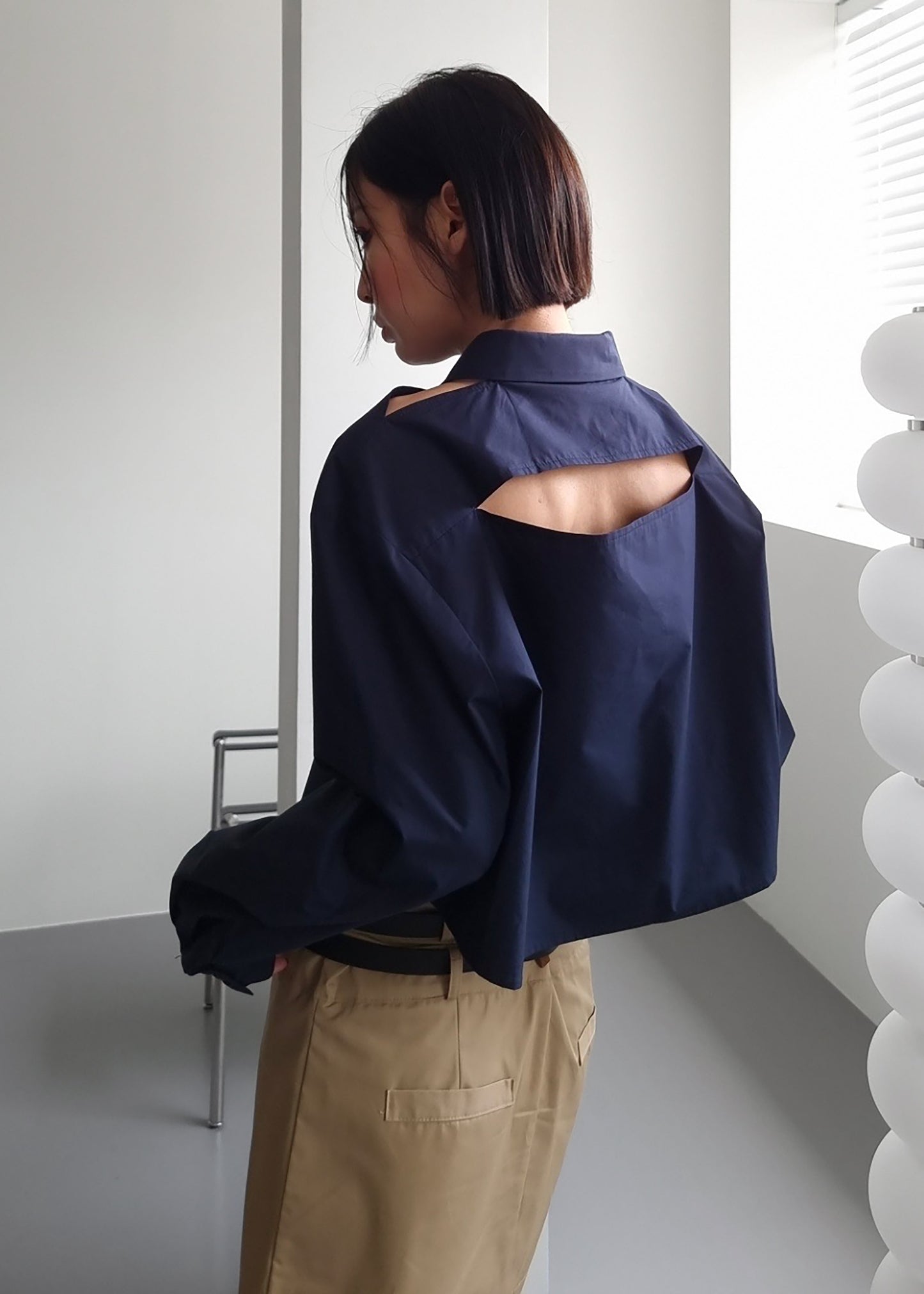 Lara Open Shoulder Cropped Shirt - Navy