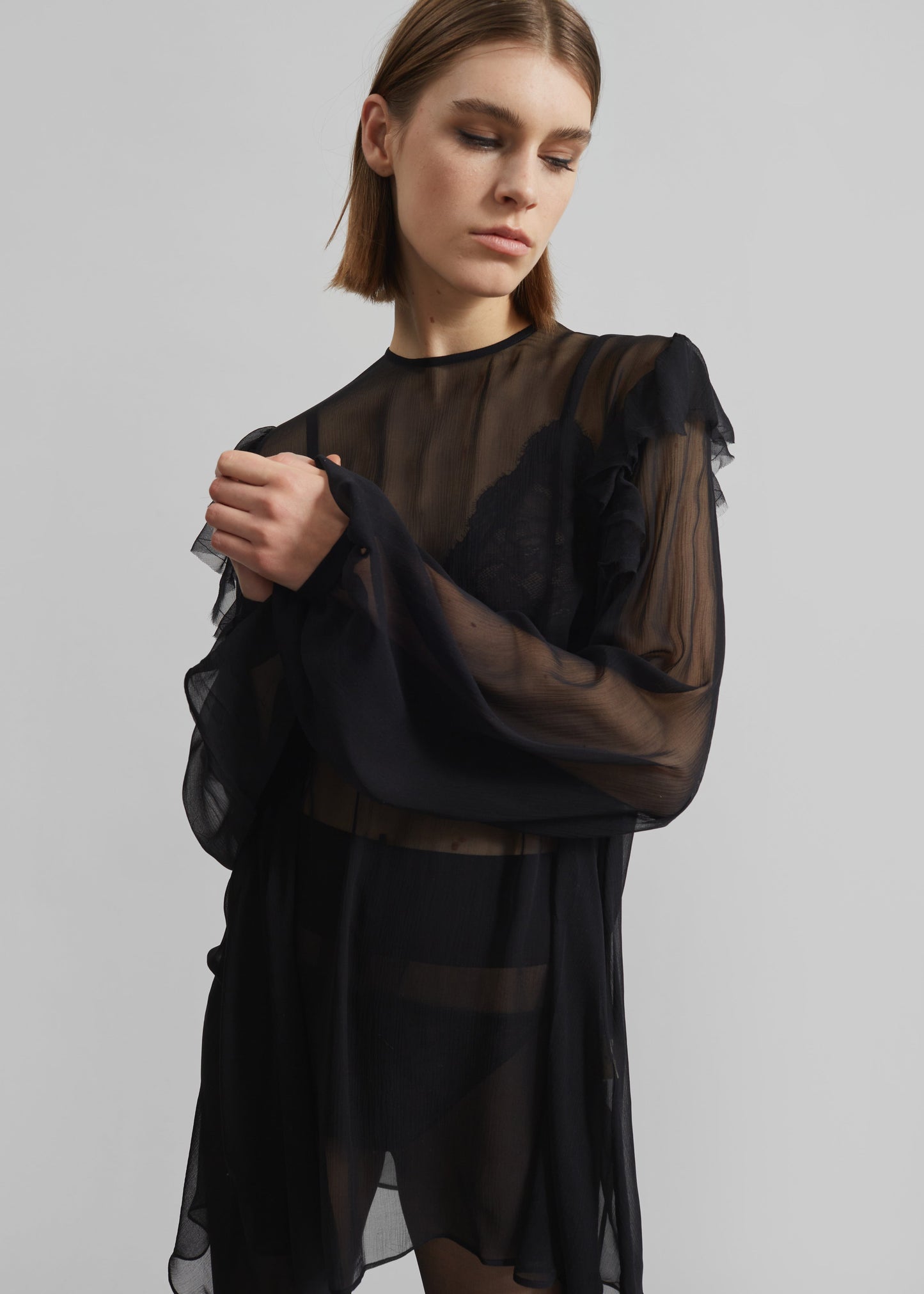 Matin Ruffle Shoulder Silk Top - Black