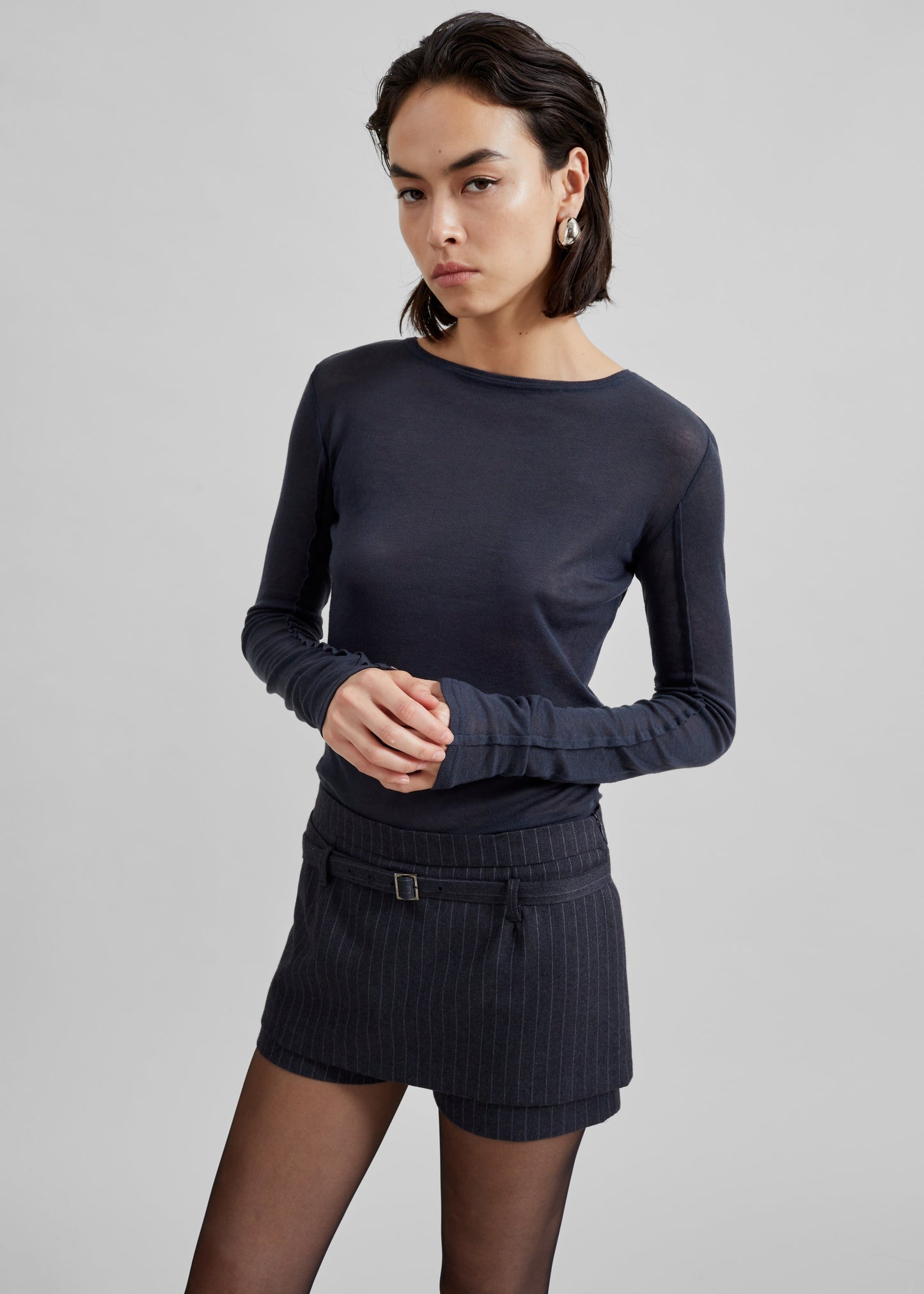 Micka Belted Skort - Charcoal/White Pinstripe