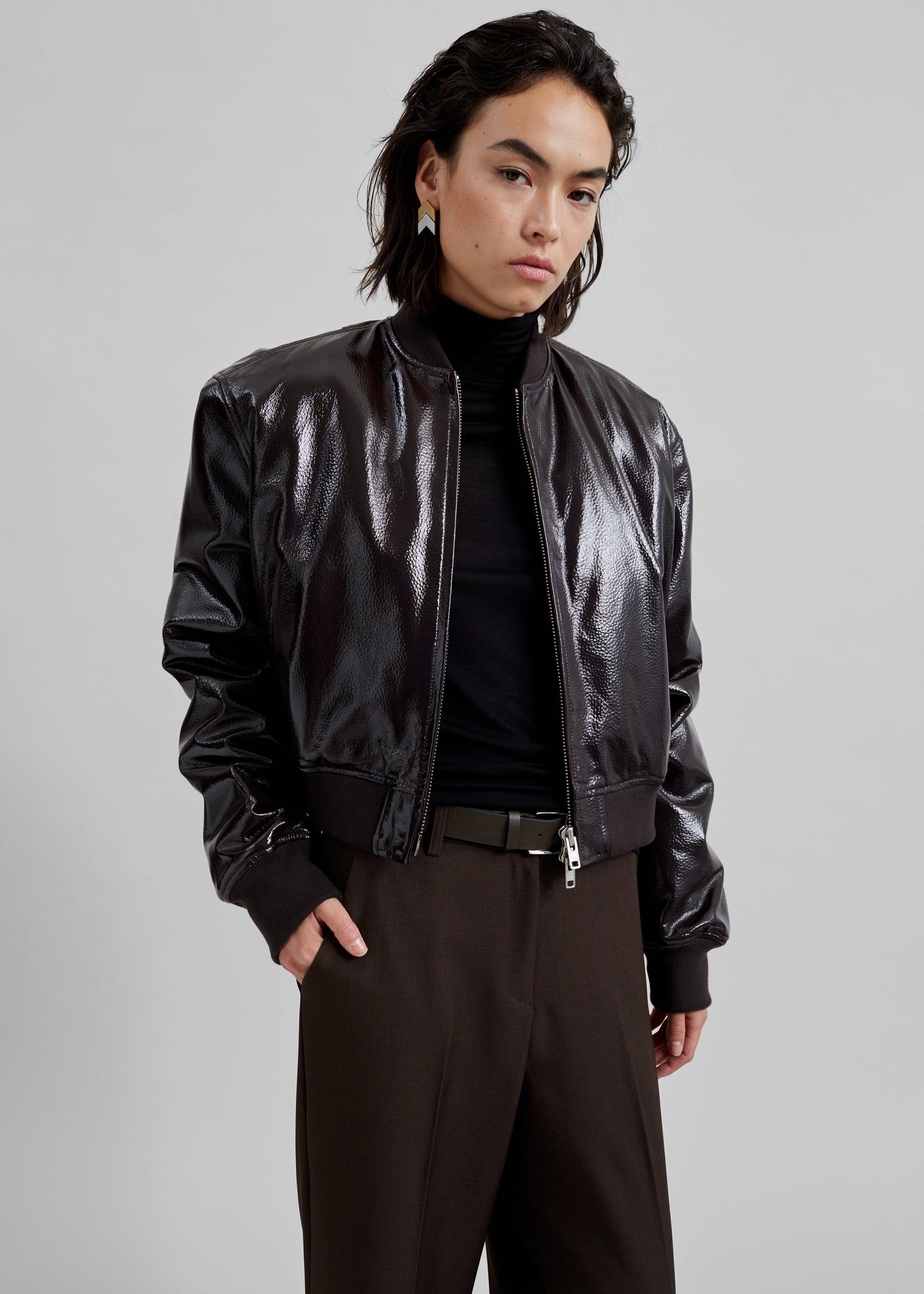 Micky Crackled Faux Leather Cropped Bomber - Dark Brown