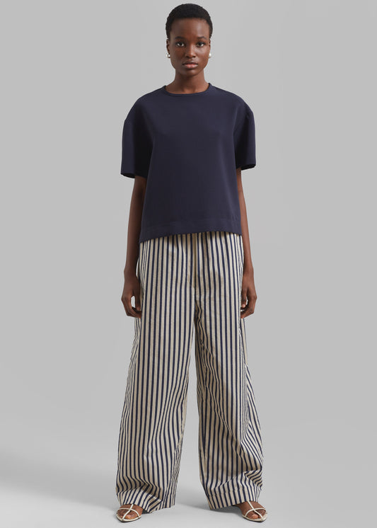 Mirca Textured Elastic Pants - Beige/Navy Multi Stripe