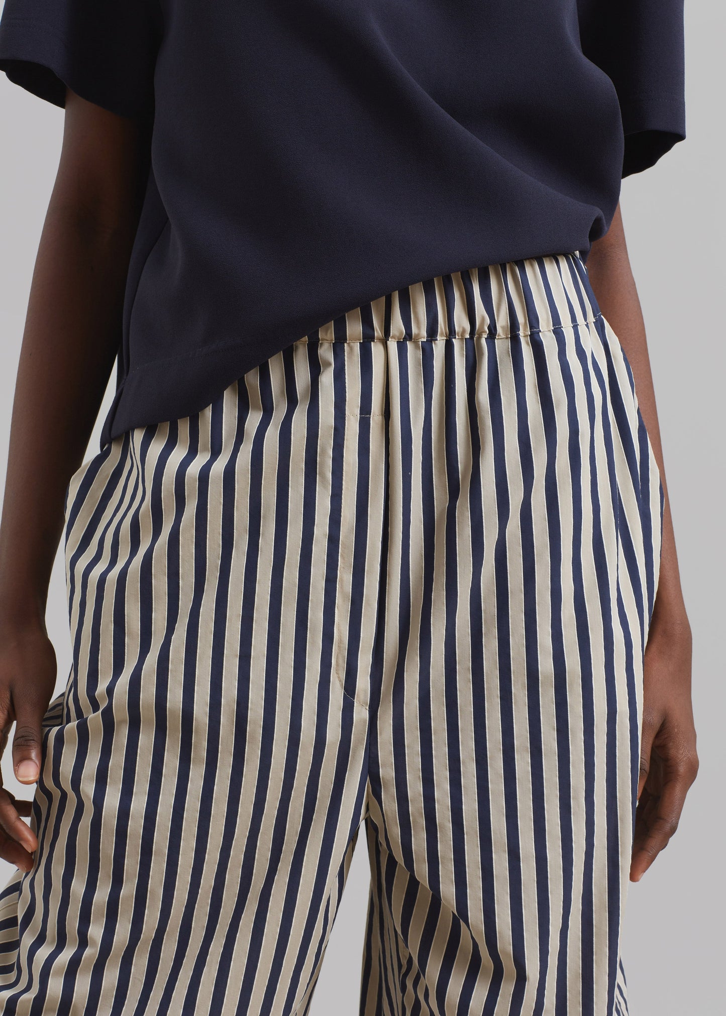 Mirca Textured Elastic Pants - Beige/Navy Multi Stripe