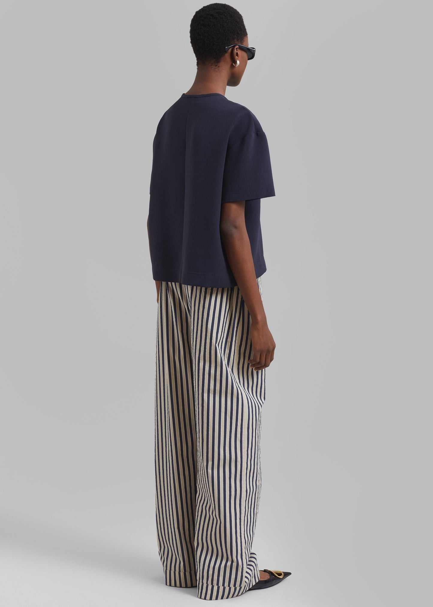 Mirca Textured Elastic Pants - Beige/Navy Multi Stripe